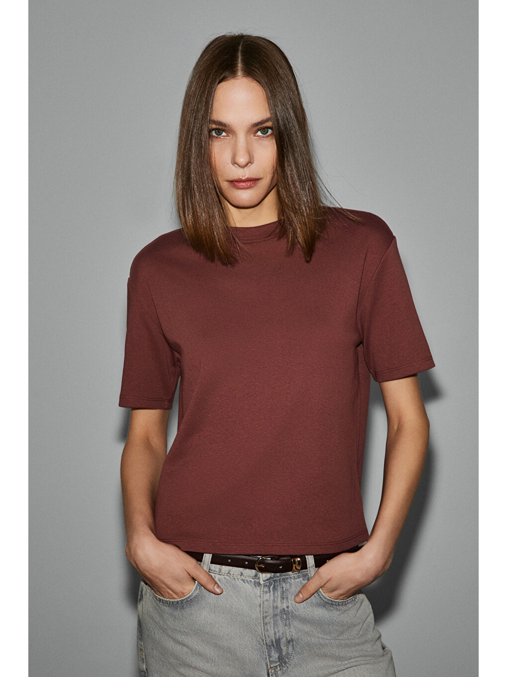 Kahverengi COLENA Kadın Organik Pamuklu Bisiklet Yaka Oversize Fit Kısa Kollu KİREMİT T-Shirt-1