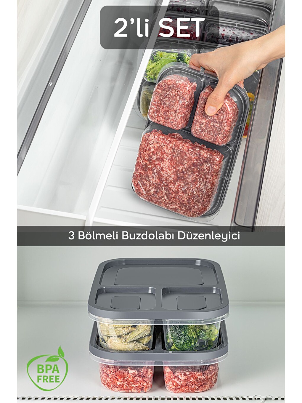 Meleni Home Gri 2'li Set 3 Bölmeli Kapaklı Dikdörtgen Saklama Kabı