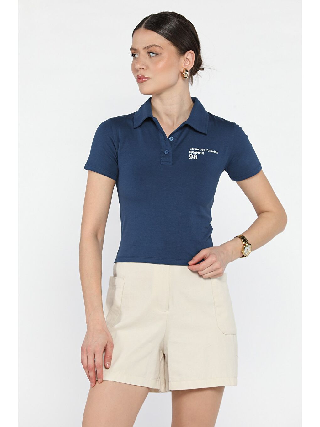 Lacivert Polo Yaka Yarım Düğmeli Kadın Tişört-1