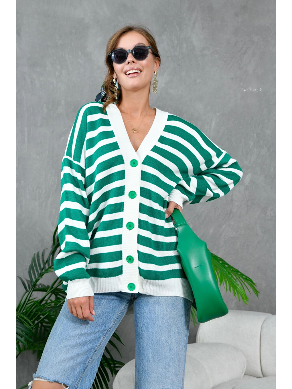 Yeşil Kadın Bilek Etek Ve Banları Fitilli Çizgi desenli Triko Hırka