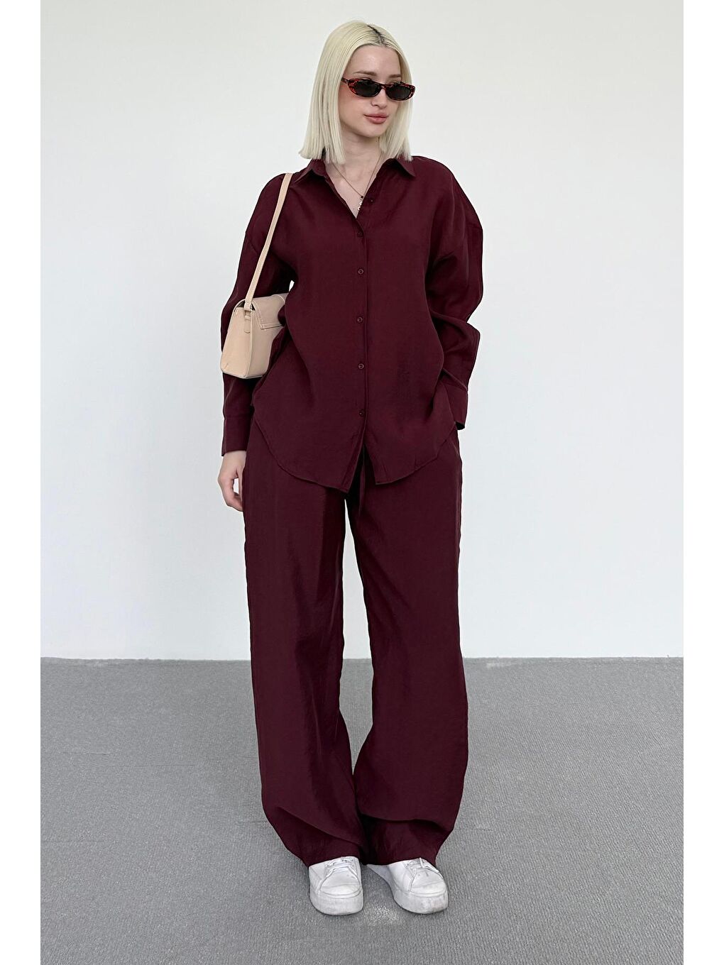 Bordo Basic Kadın Gömlek Pantolon İkili Takım Mg2352-4