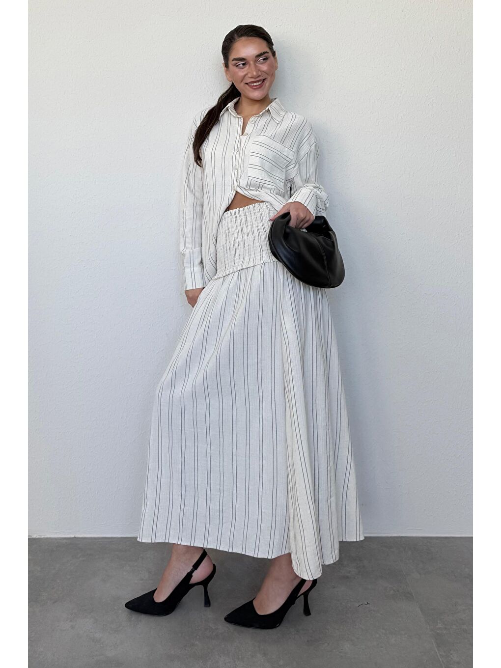 Ekru Çizgili Keten Etek Gömlek Takım Mg2447-5