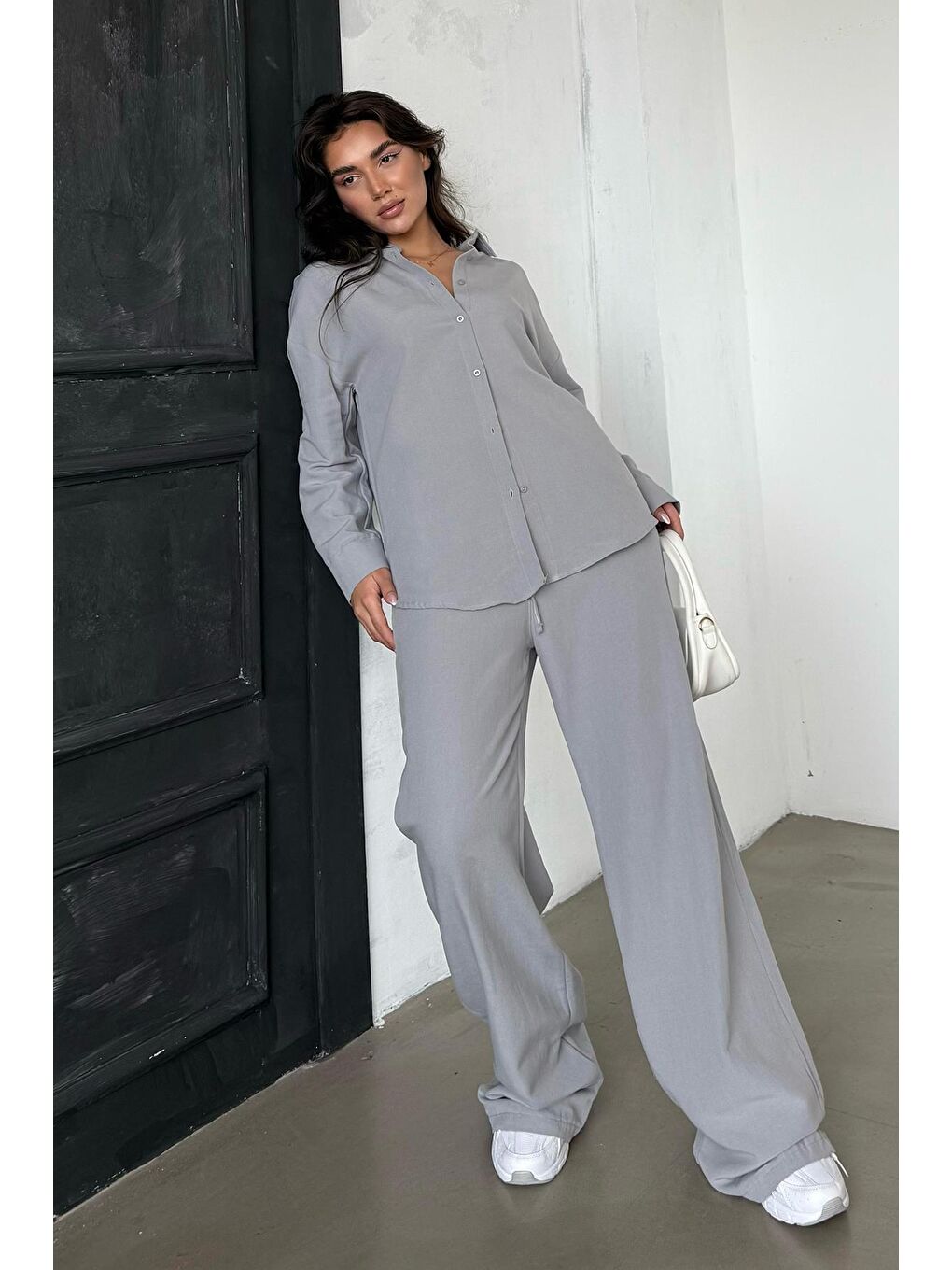 Boyalı Gri Keten Kadın Gömlek Pantolon İkili Takım Mg2356-3