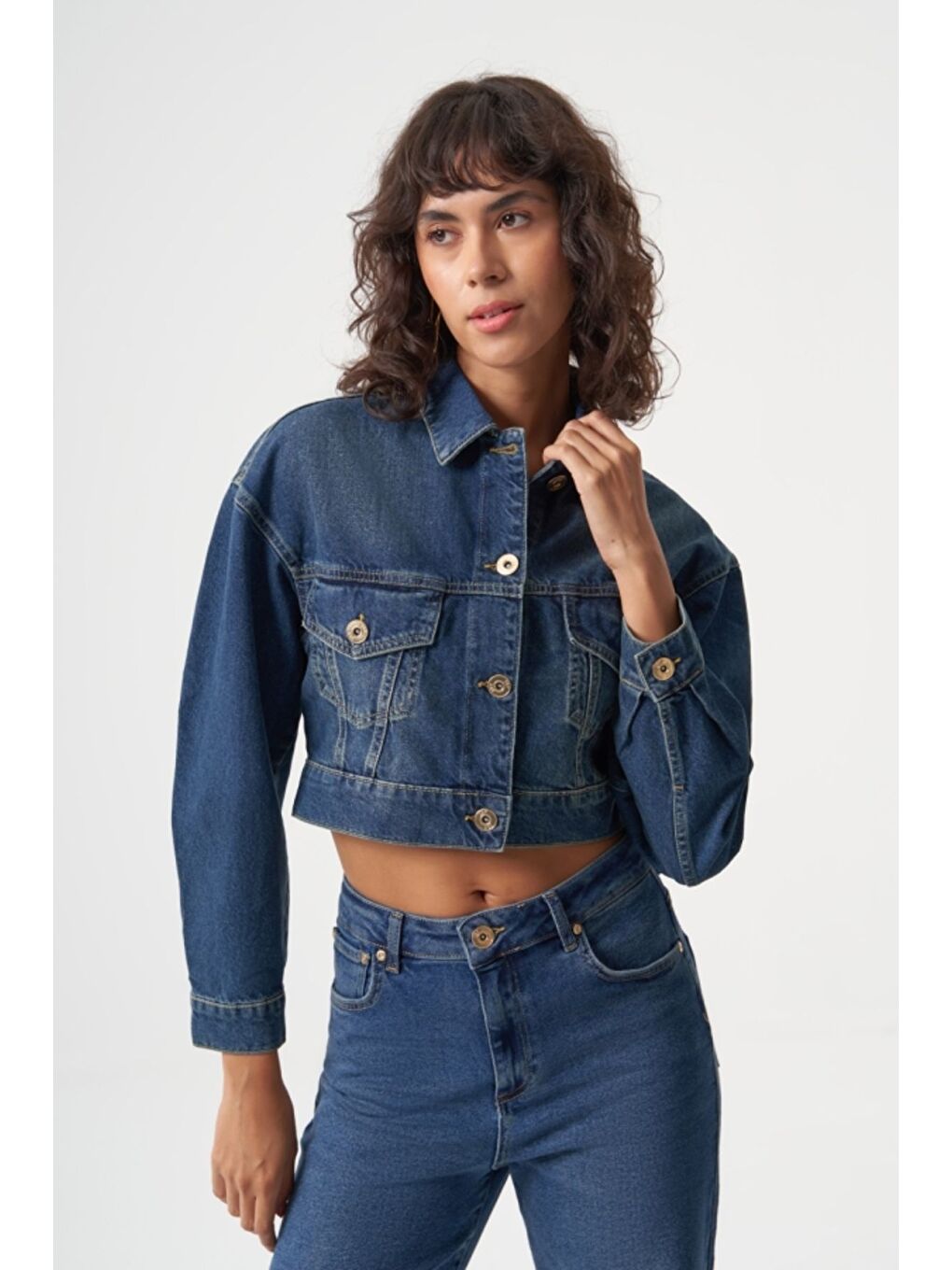 MZL Lacivert Crop Denim Ceket-1