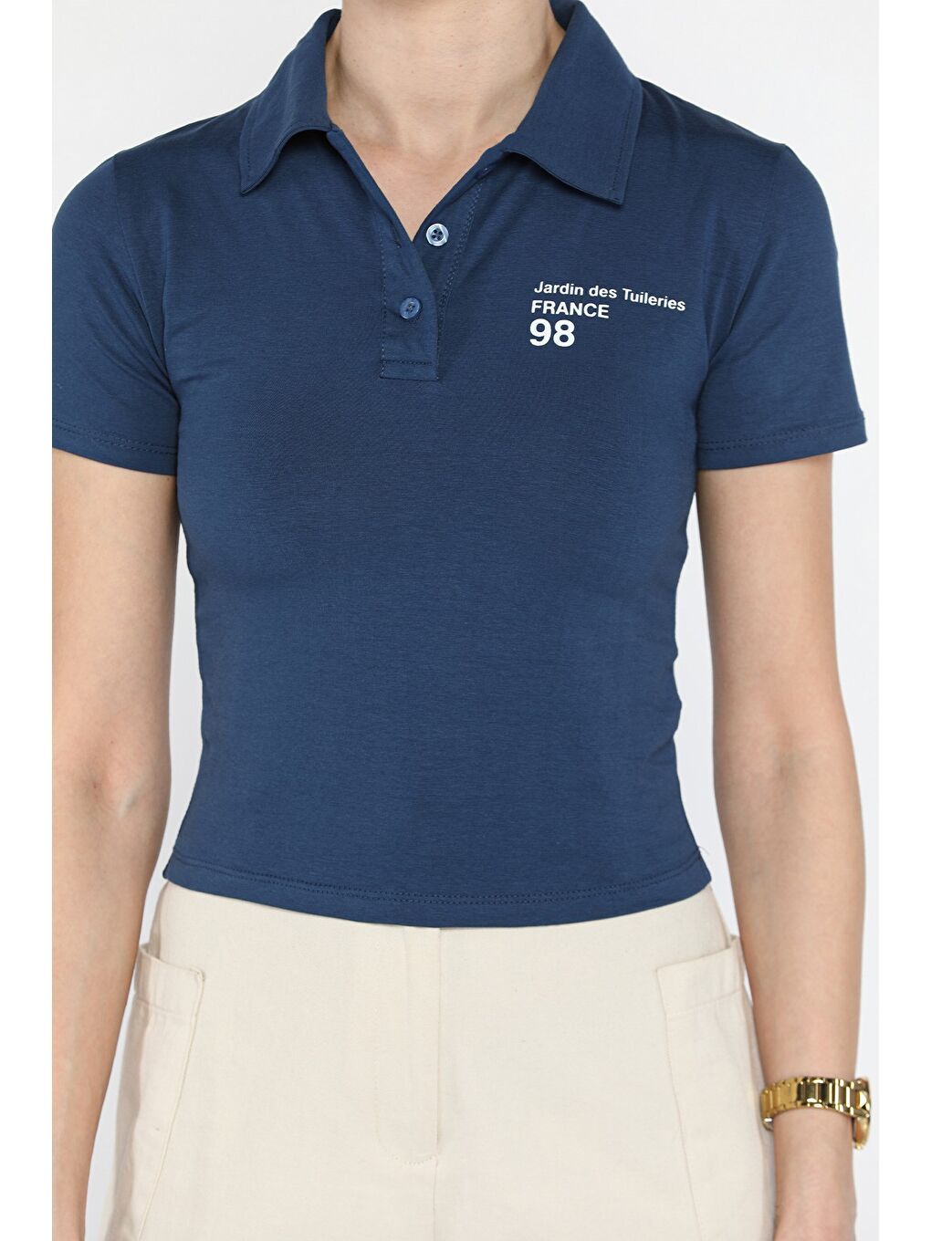 Lacivert Polo Yaka Yarım Düğmeli Kadın Tişört-2