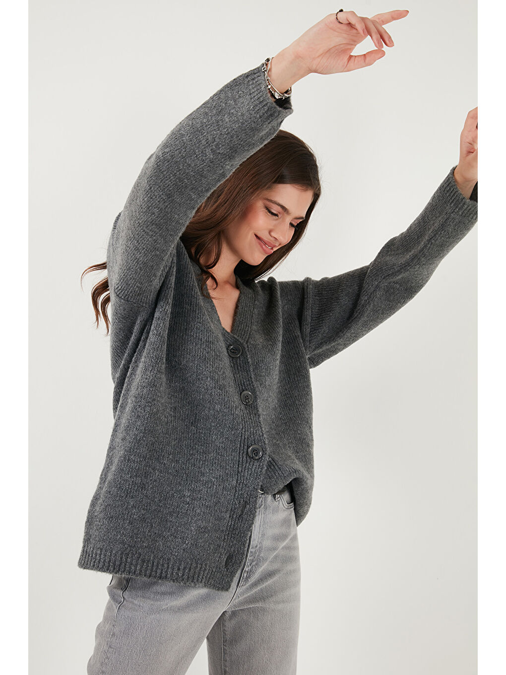 Antrasit Regular Fit V Yaka Düğmeli Triko Hırka 4616229-5