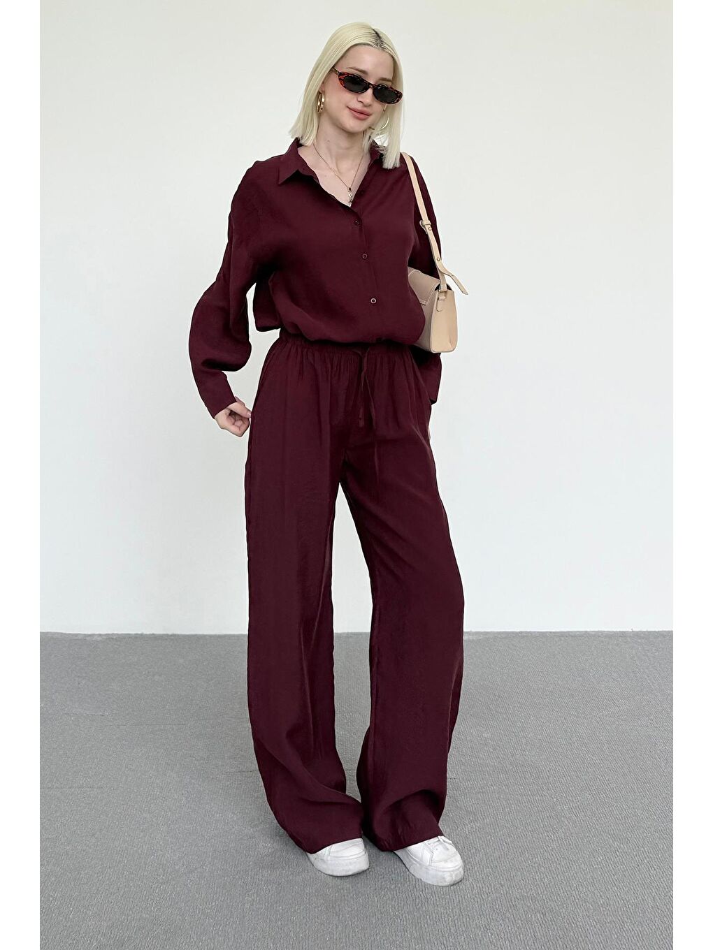 Bordo Basic Kadın Gömlek Pantolon İkili Takım Mg2352-5