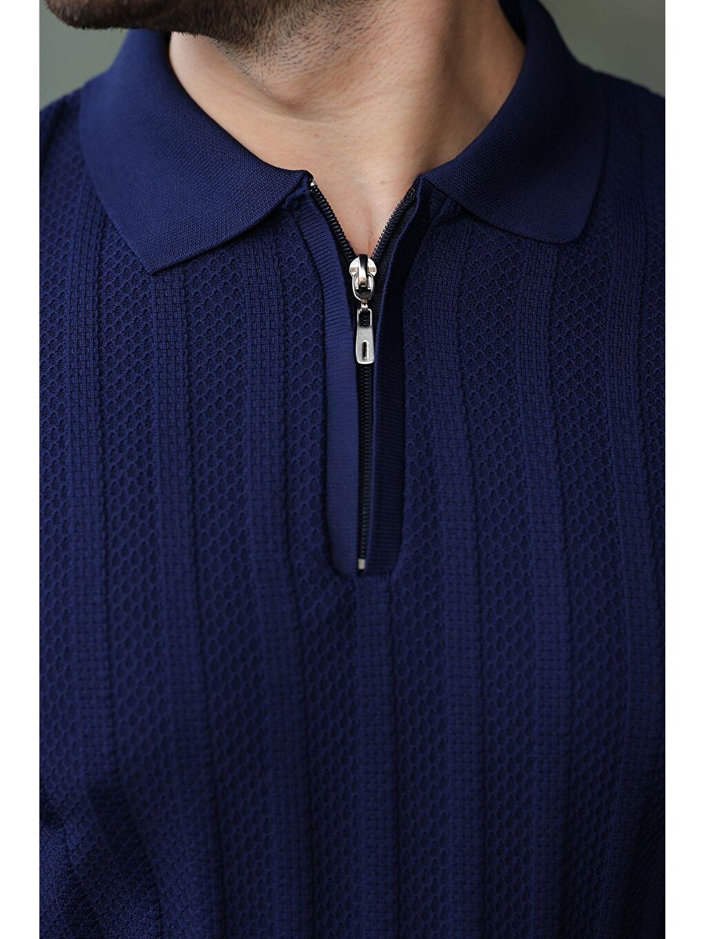 Lacivert Yarım Fermuarlı Polo Yaka Triko Kazak E7426-1