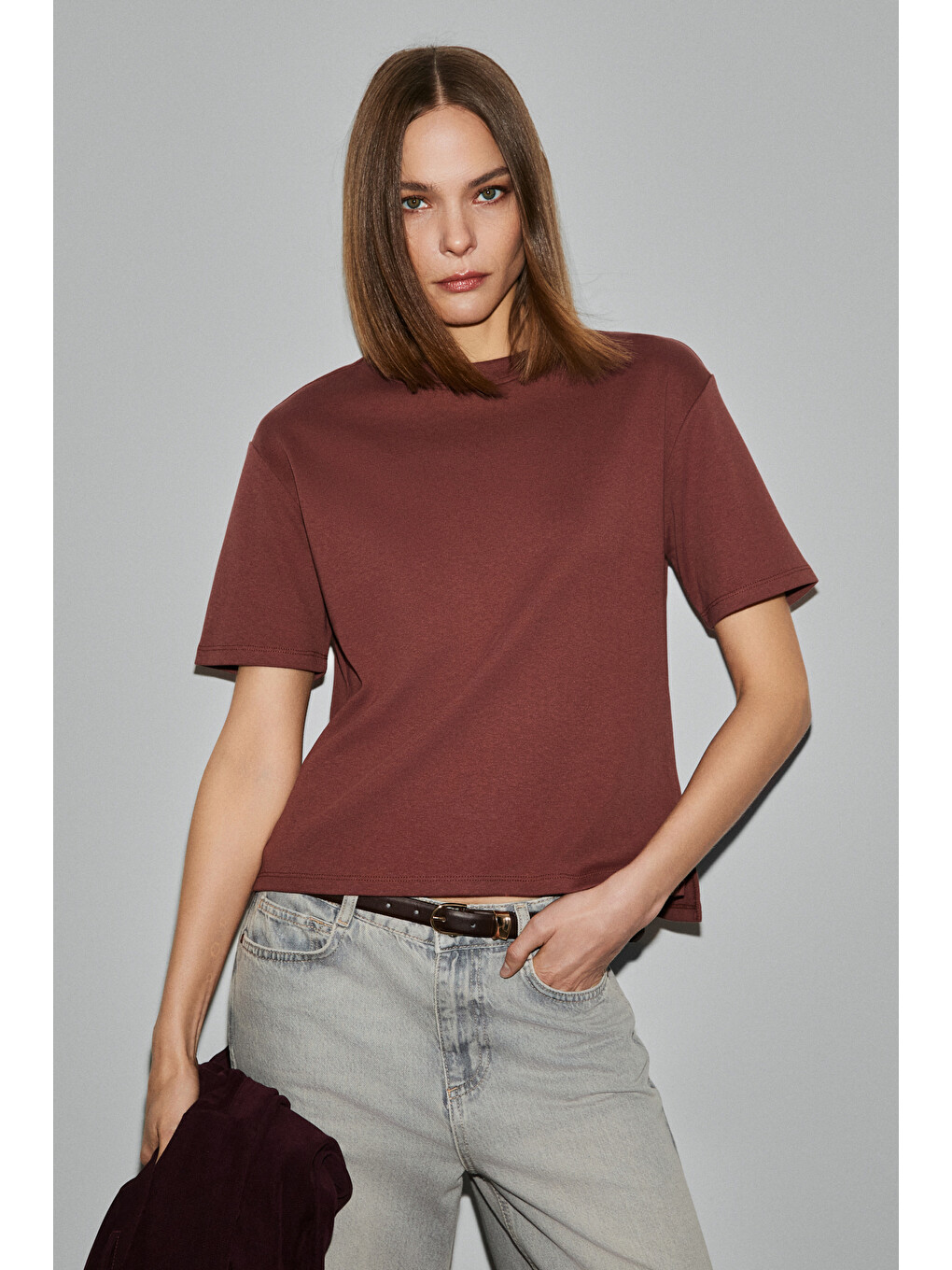 Kahverengi COLENA Kadın Organik Pamuklu Bisiklet Yaka Oversize Fit Kısa Kollu KİREMİT T-Shirt-2