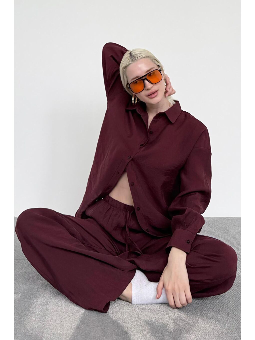 Bordo Basic Kadın Gömlek Pantolon İkili Takım Mg2352-6