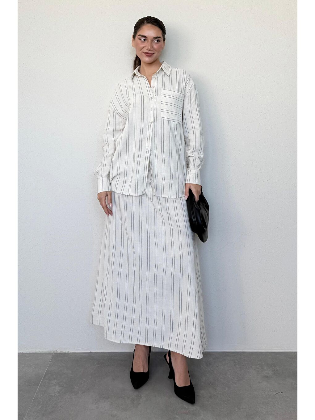 Ekru Çizgili Keten Etek Gömlek Takım Mg2447-6