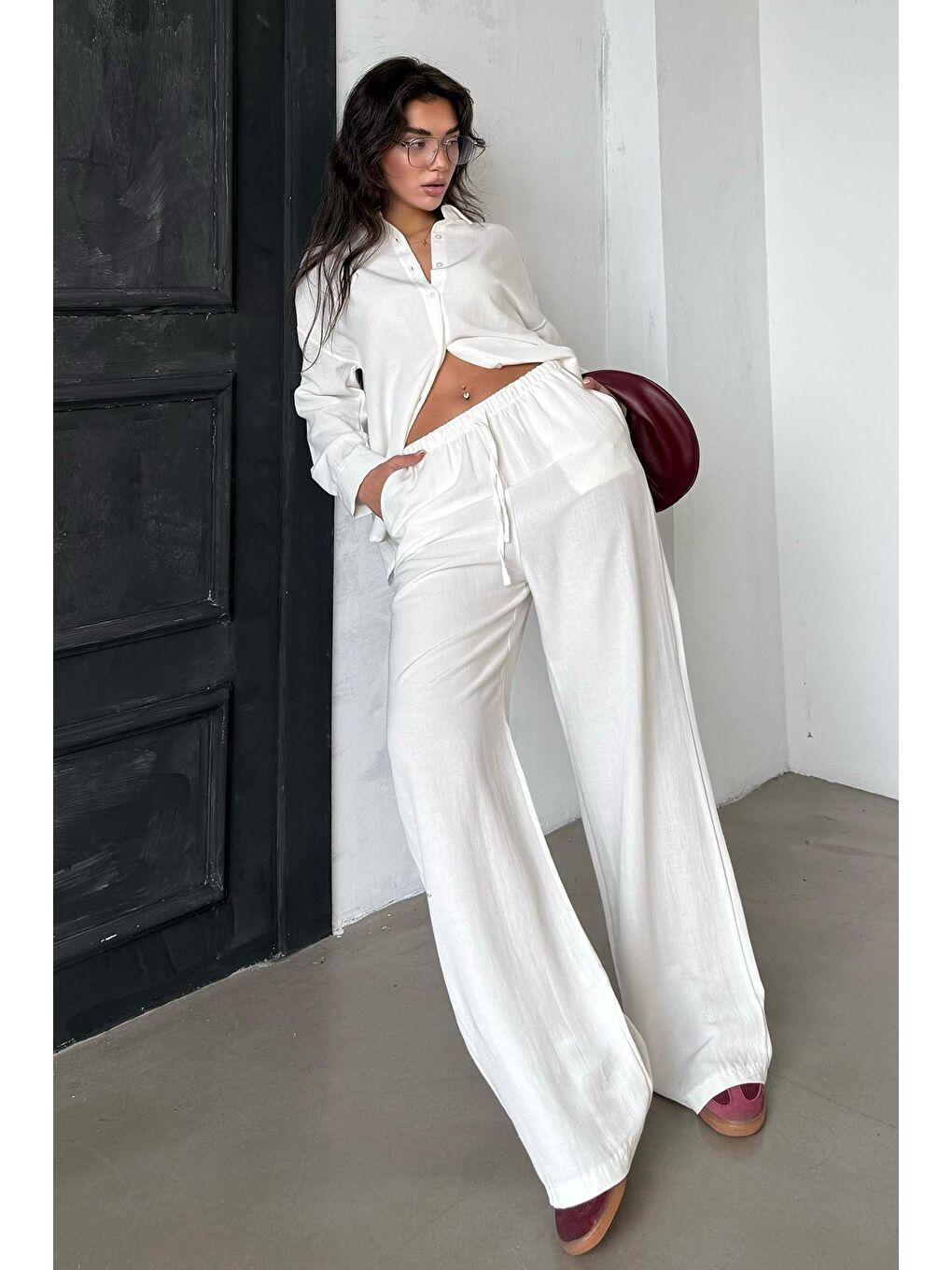 Ekru Keten Kadın Gömlek Pantolon İkili Takım Mg2356-1