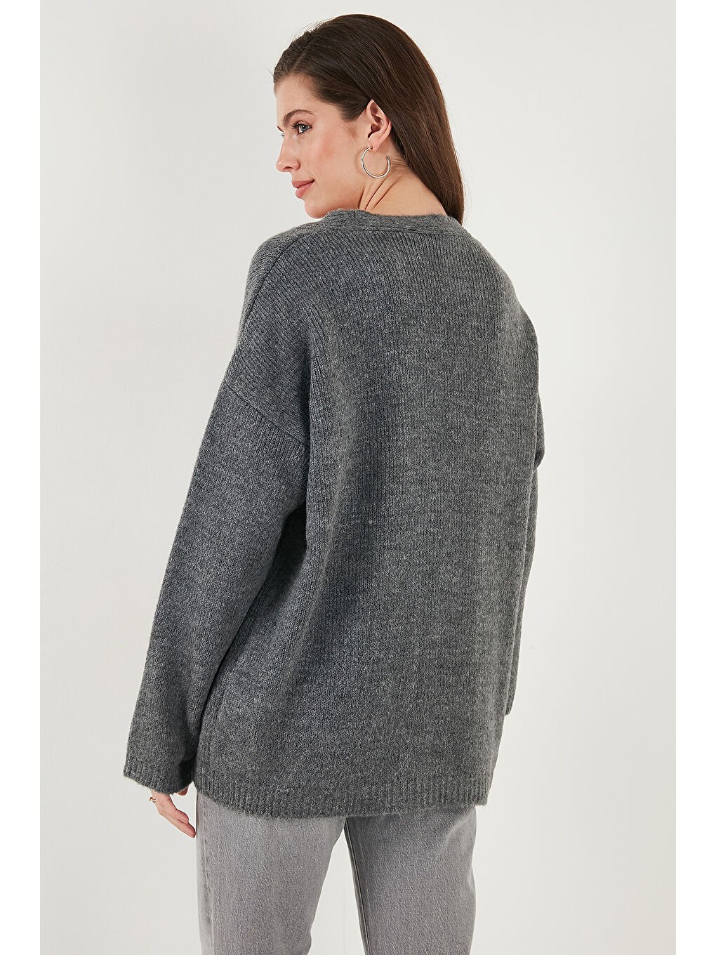 Antrasit Regular Fit V Yaka Düğmeli Triko Hırka 4616229-6