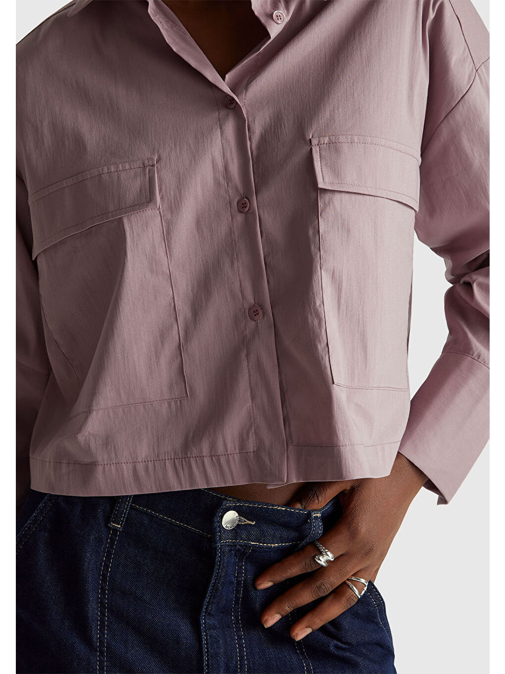 Karışık Kadın Pamuk Karışımlı Cepli Boxy Fit Gömlek-5