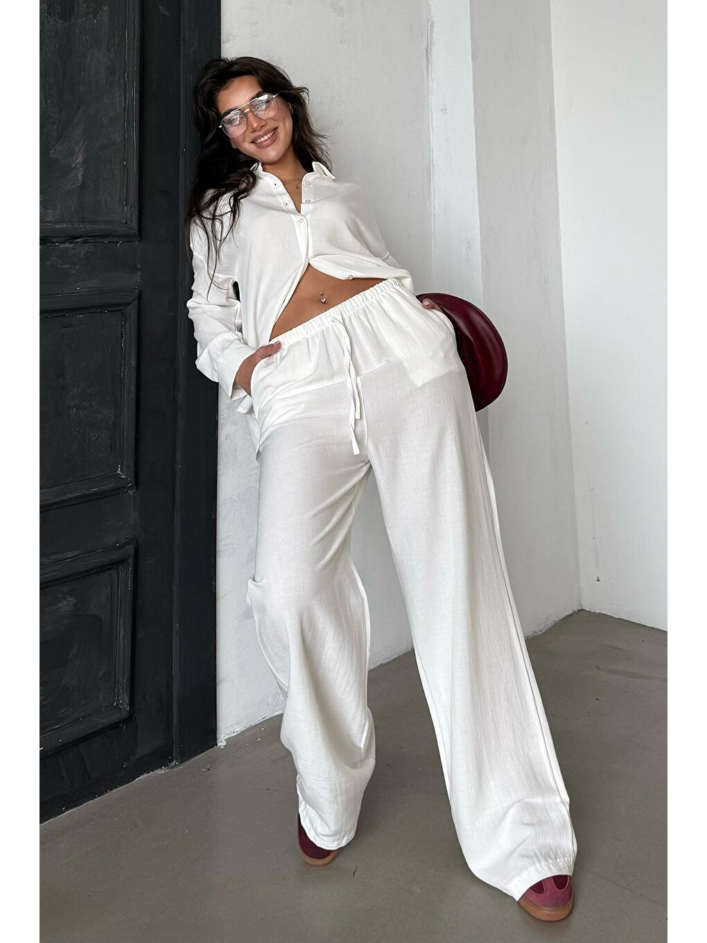 Ekru Keten Kadın Gömlek Pantolon İkili Takım Mg2356-2