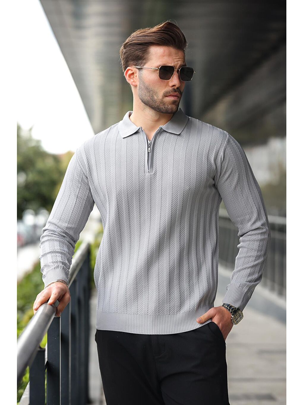 Gri Yarım Fermuarlı Polo Yaka Triko Kazak E7426