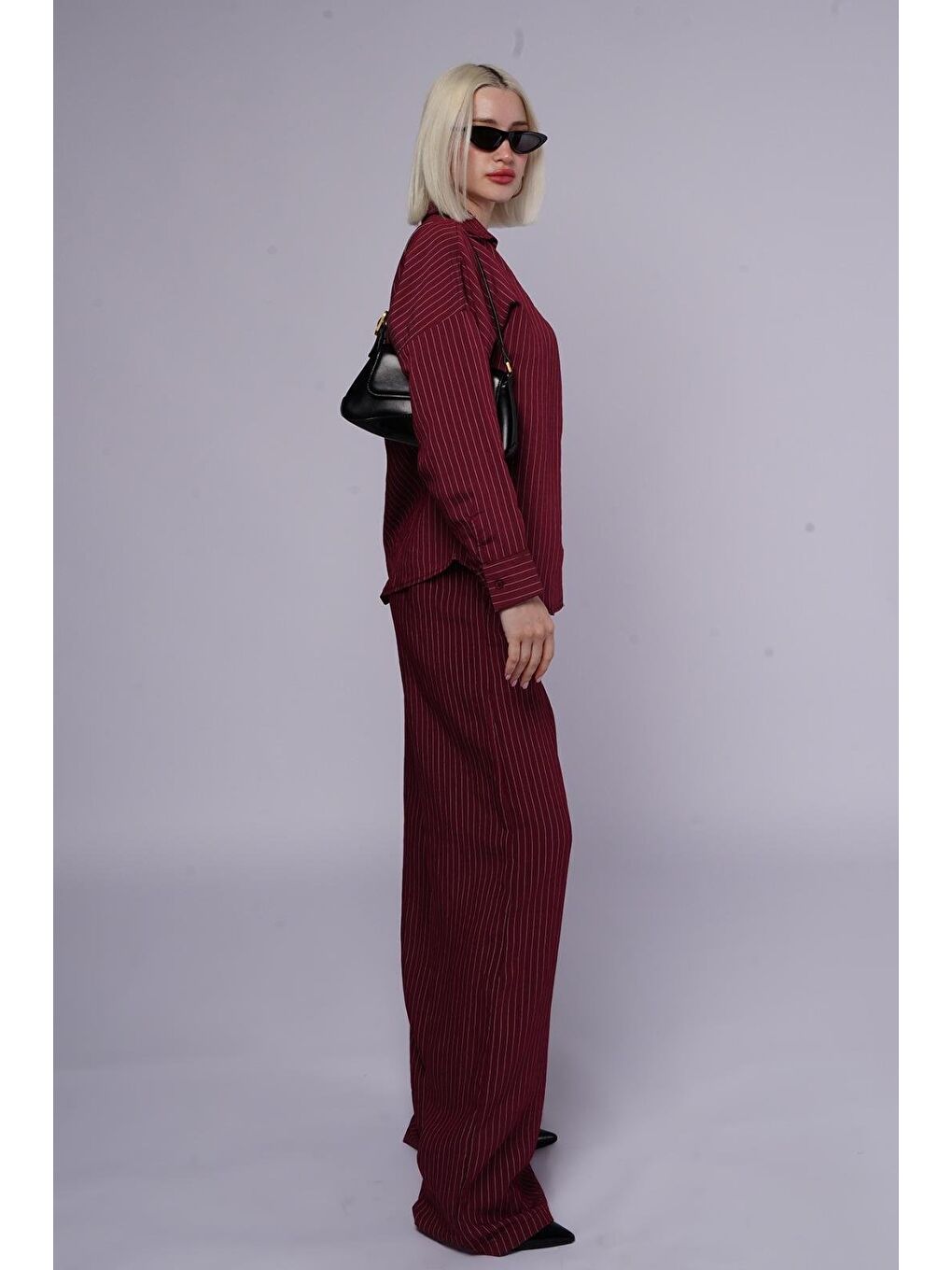 Bordo Uzun Kollu Çizgili Gömlek Pantolon İkili Takım Mg2329-1