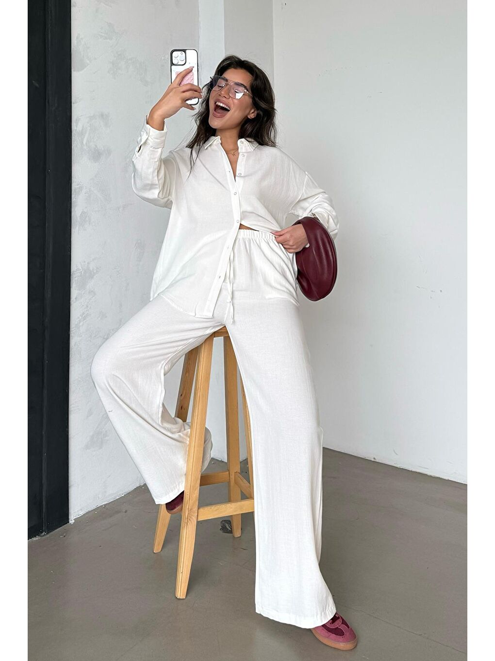 Ekru Keten Kadın Gömlek Pantolon İkili Takım Mg2356-3