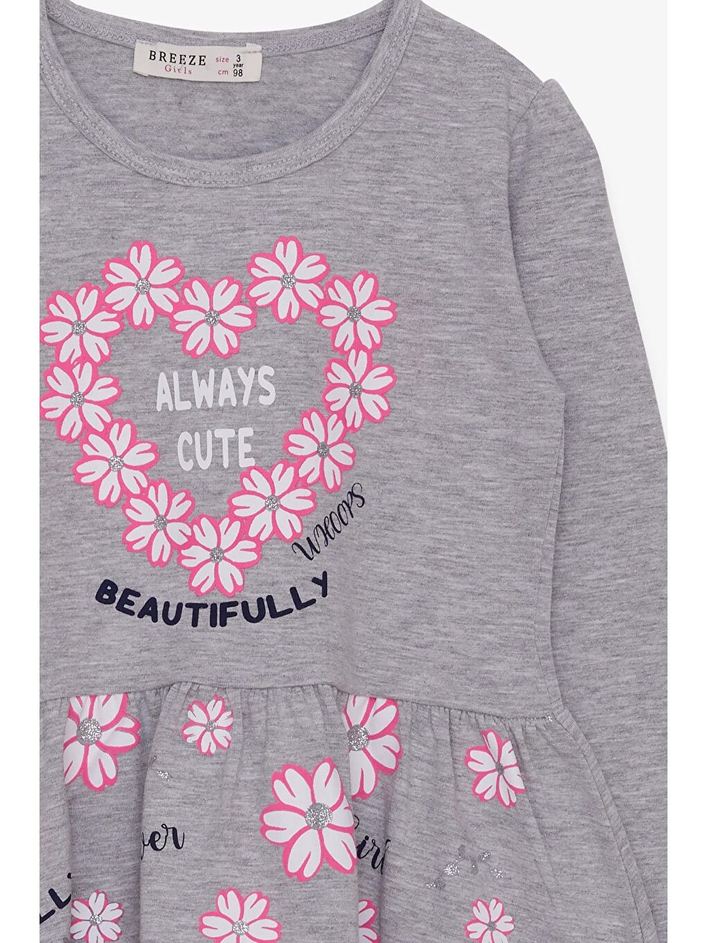 Kız Çocuk Uzun Kollu Elbise Çiçekli Baskılı Desenli Gri Melanj (3 Yaş)-2