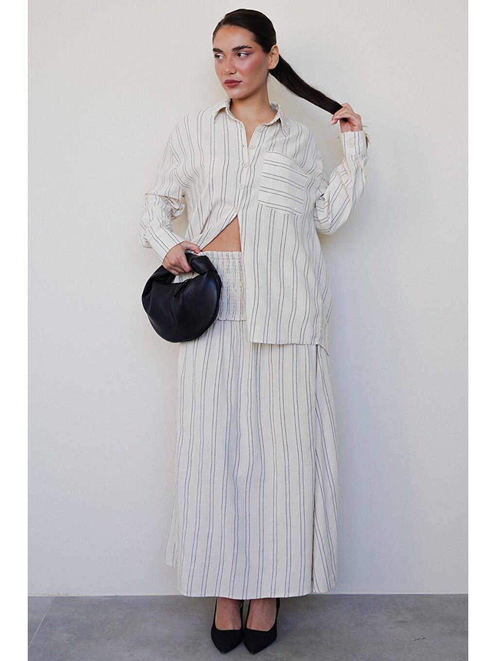 Ekru Çizgili Keten Etek Gömlek Takım Mg2447-7