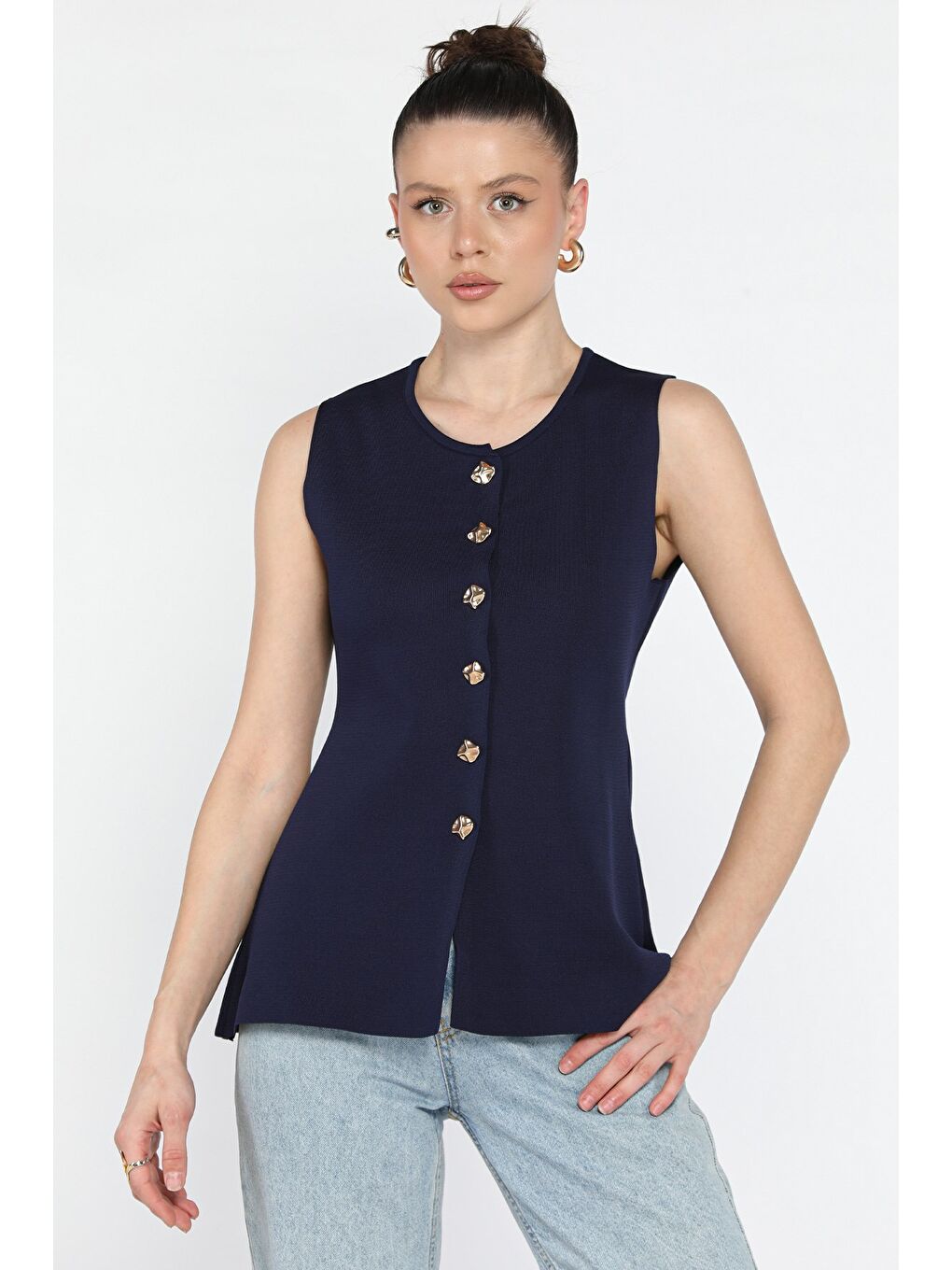 Lacivert Kadın Bisiklet Yaka Düğmeli Triko Yelek (s-m-l Beden Uyumludur)