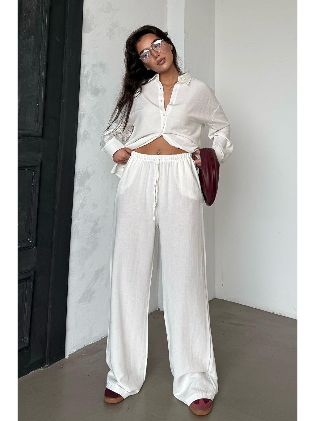 Ekru Keten Kadın Gömlek Pantolon İkili Takım Mg2356-4