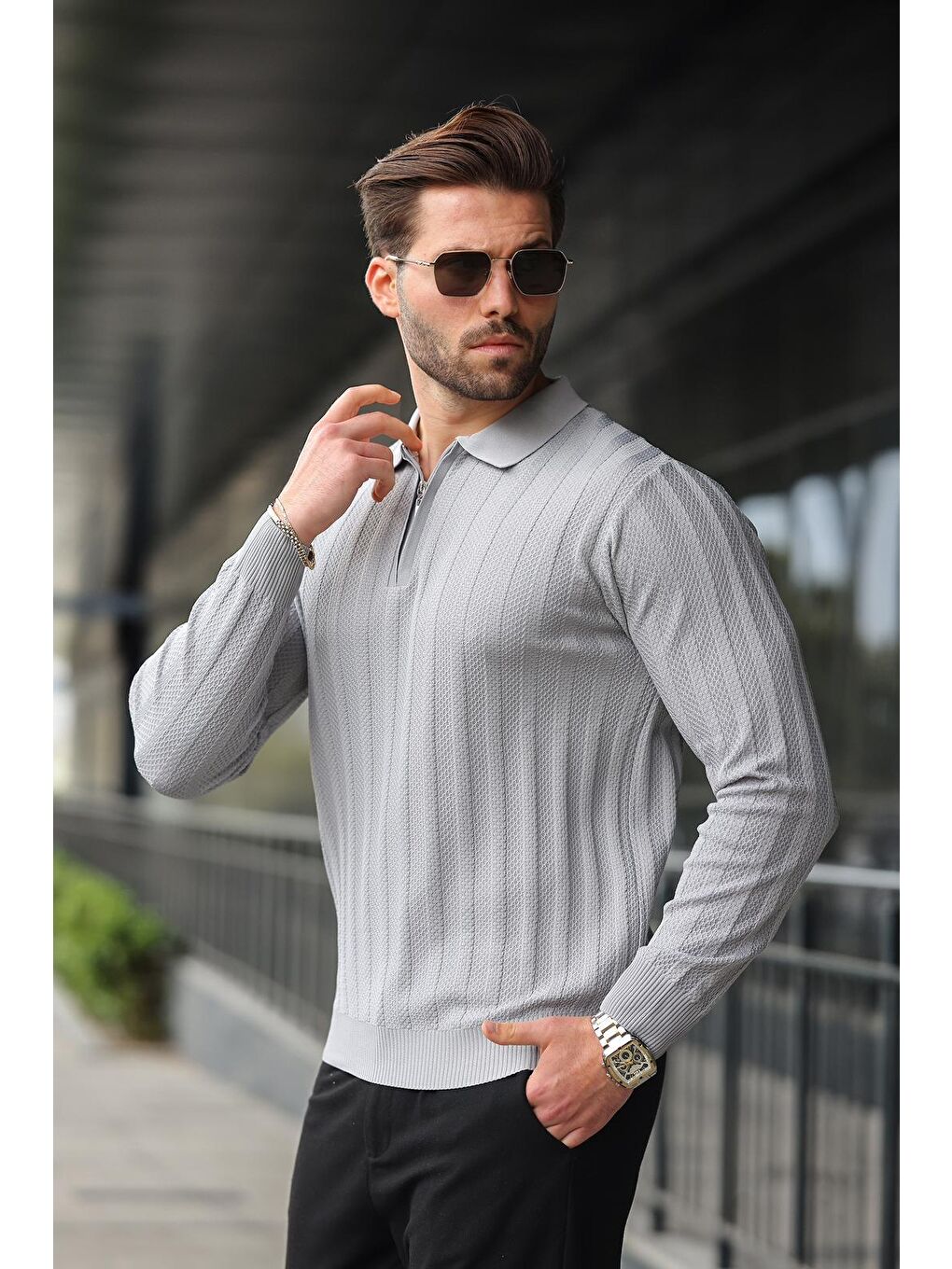 Gri Yarım Fermuarlı Polo Yaka Triko Kazak E7426-1