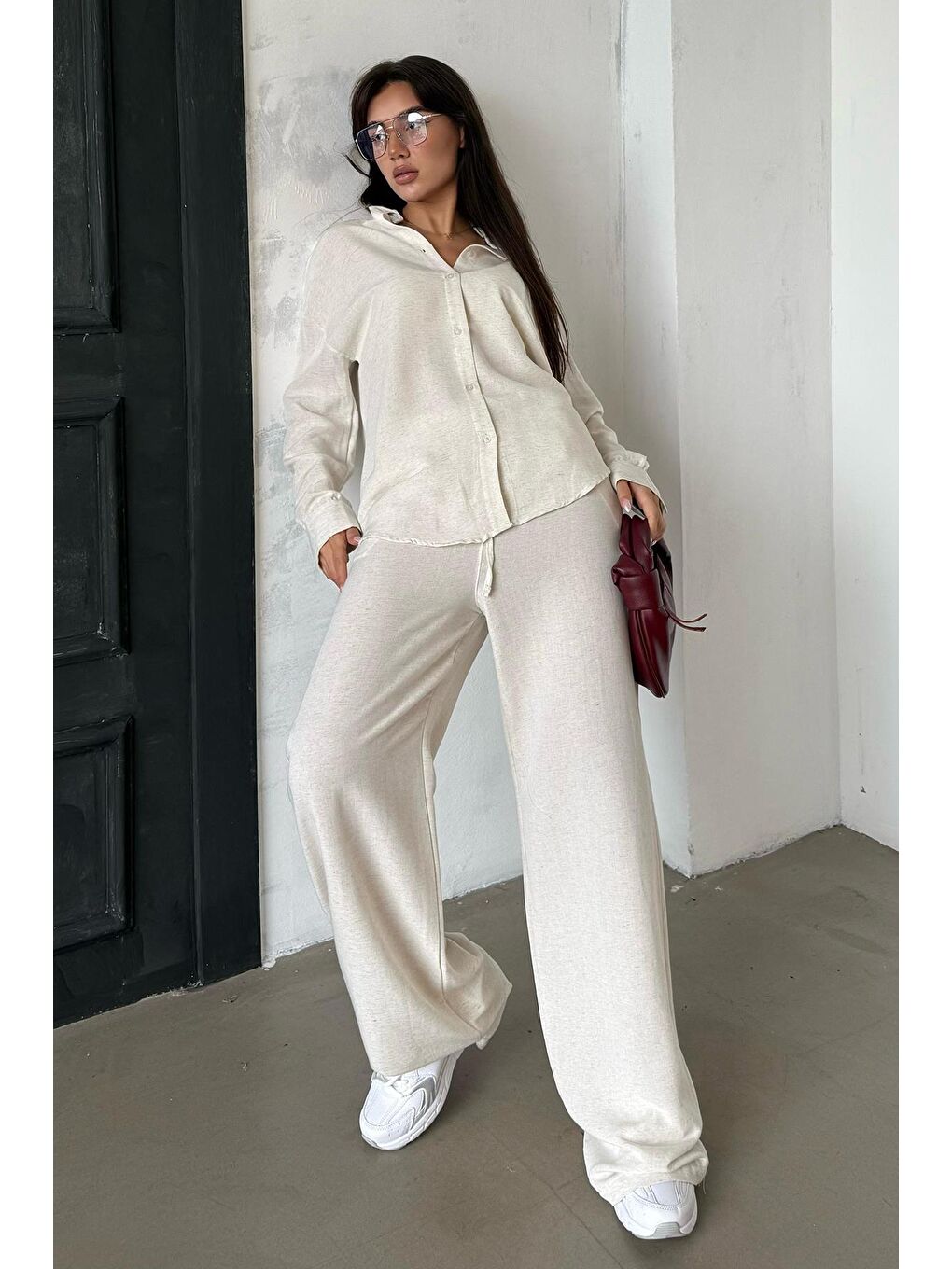Beyaz Karmelanj Keten Kadın Gömlek Pantolon İkili Takım Mg2356