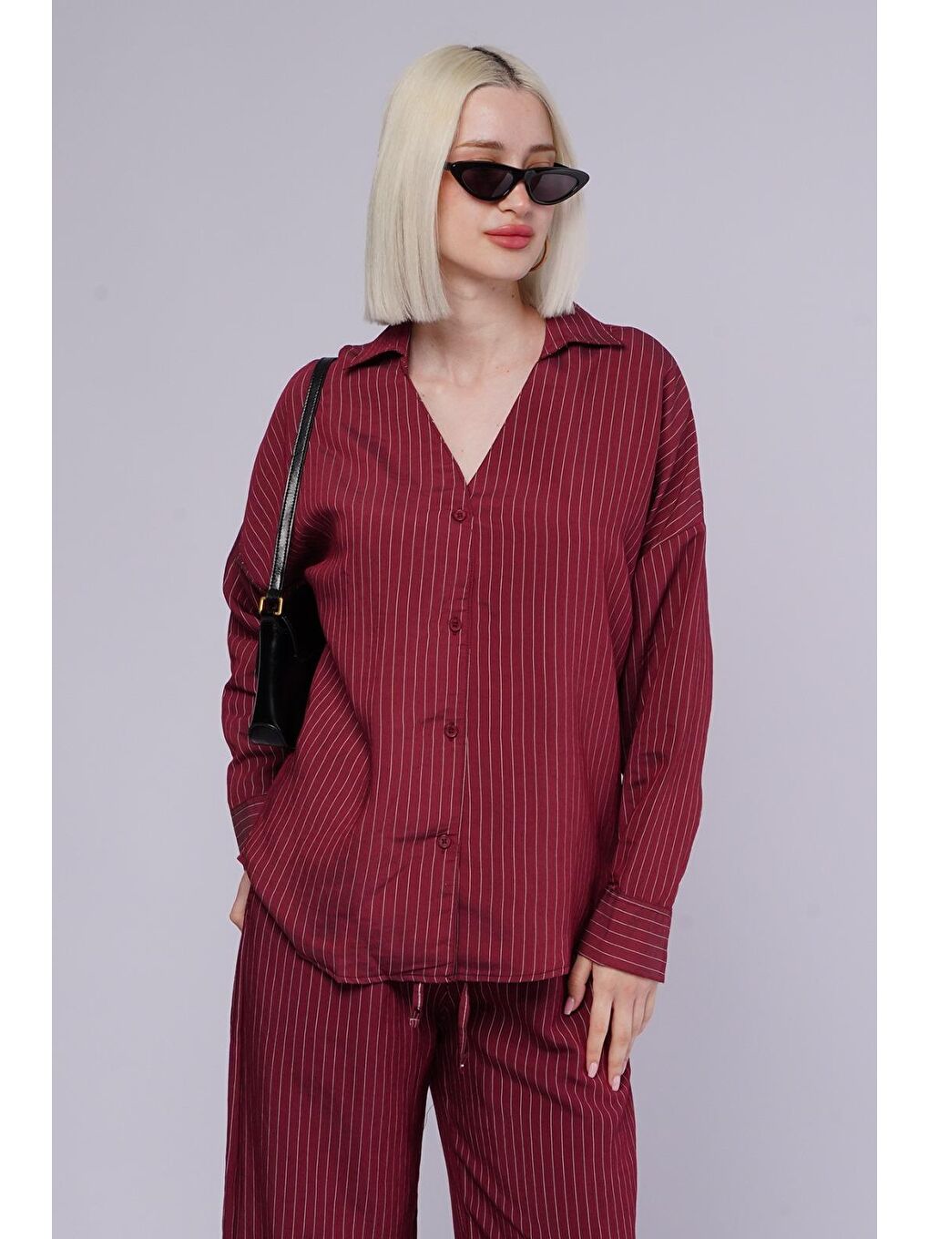 Bordo Uzun Kollu Çizgili Gömlek Pantolon İkili Takım Mg2329-2