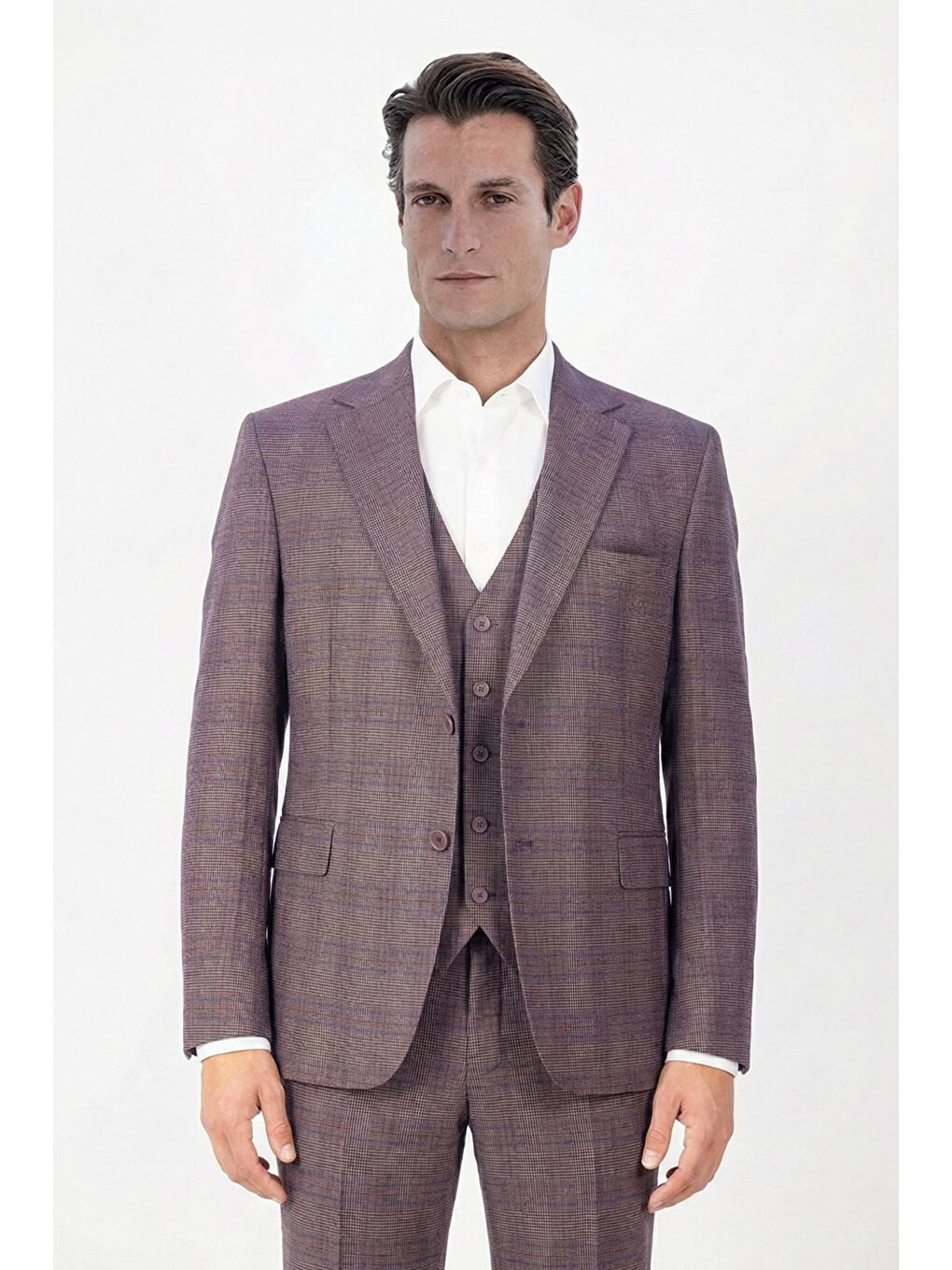 Giotelli Bordo Slim Fit Ekose Desenli Mono Yaka Takım Elbise