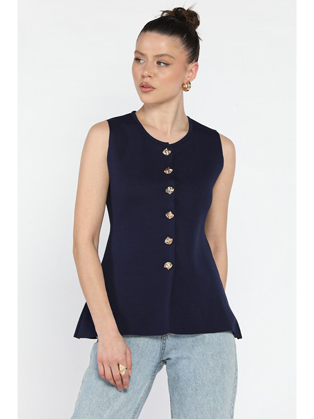 Lacivert Kadın Bisiklet Yaka Düğmeli Triko Yelek (s-m-l Beden Uyumludur)-1