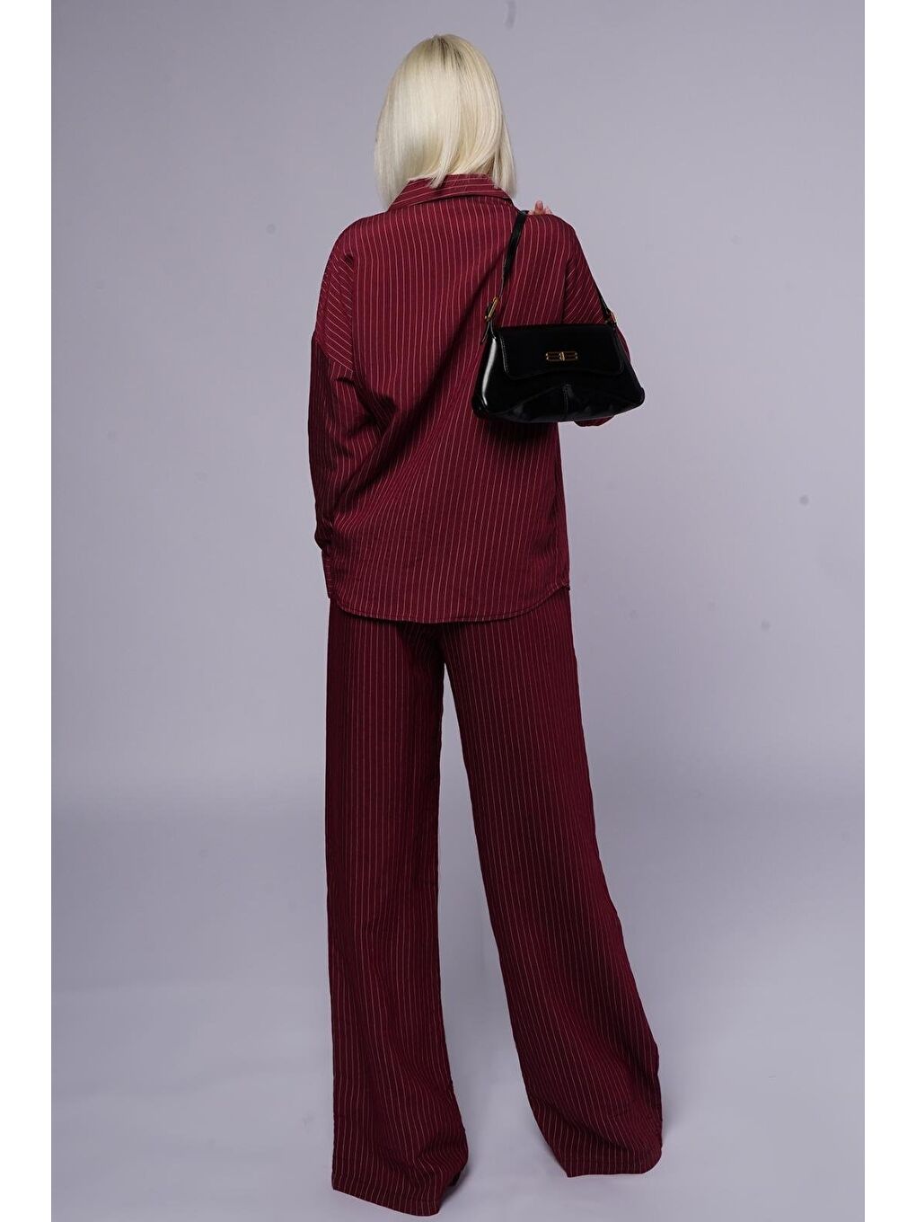 Bordo Uzun Kollu Çizgili Gömlek Pantolon İkili Takım Mg2329-3