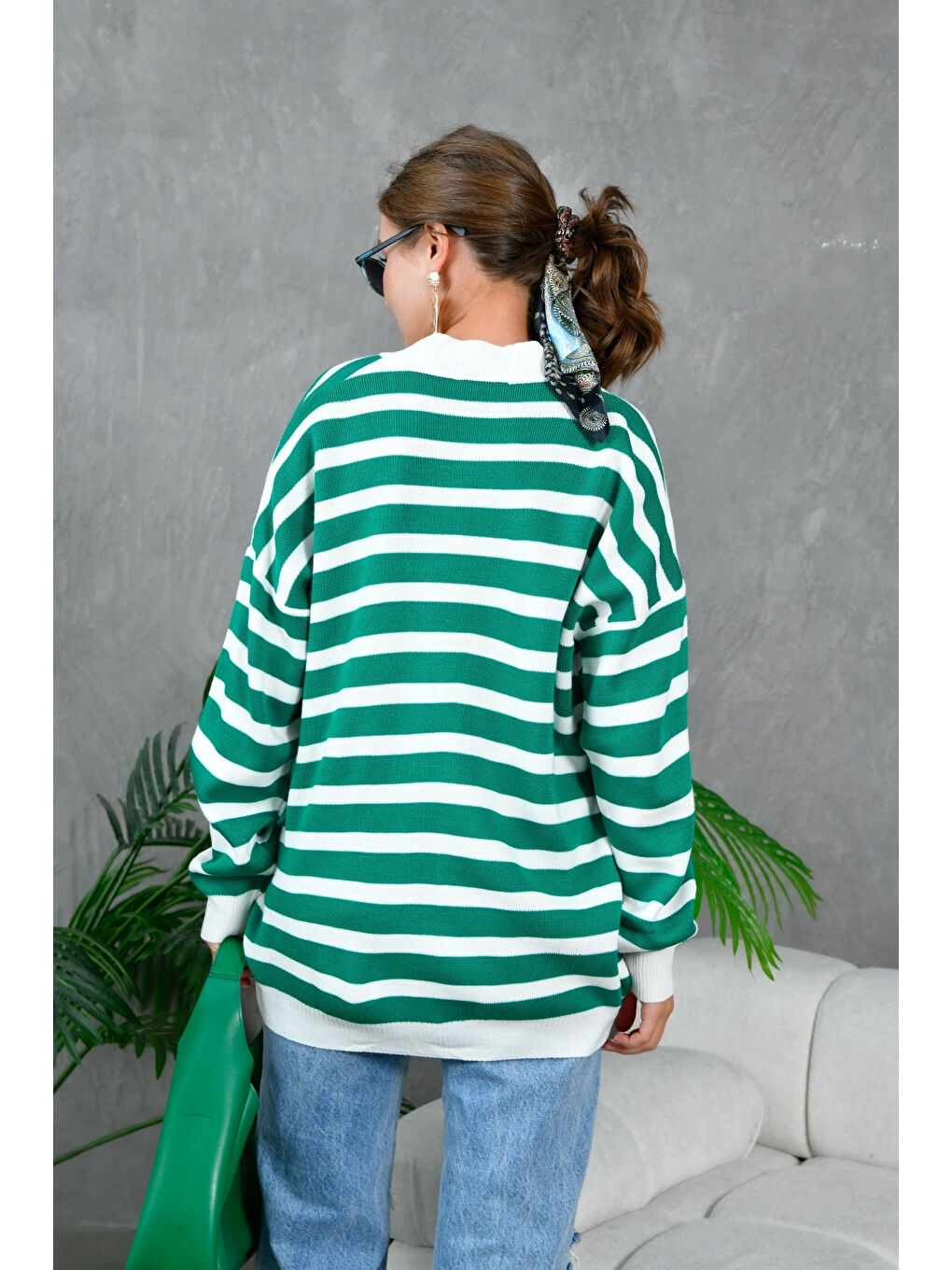 Yeşil Kadın Bilek Etek Ve Banları Fitilli Çizgi desenli Triko Hırka-3