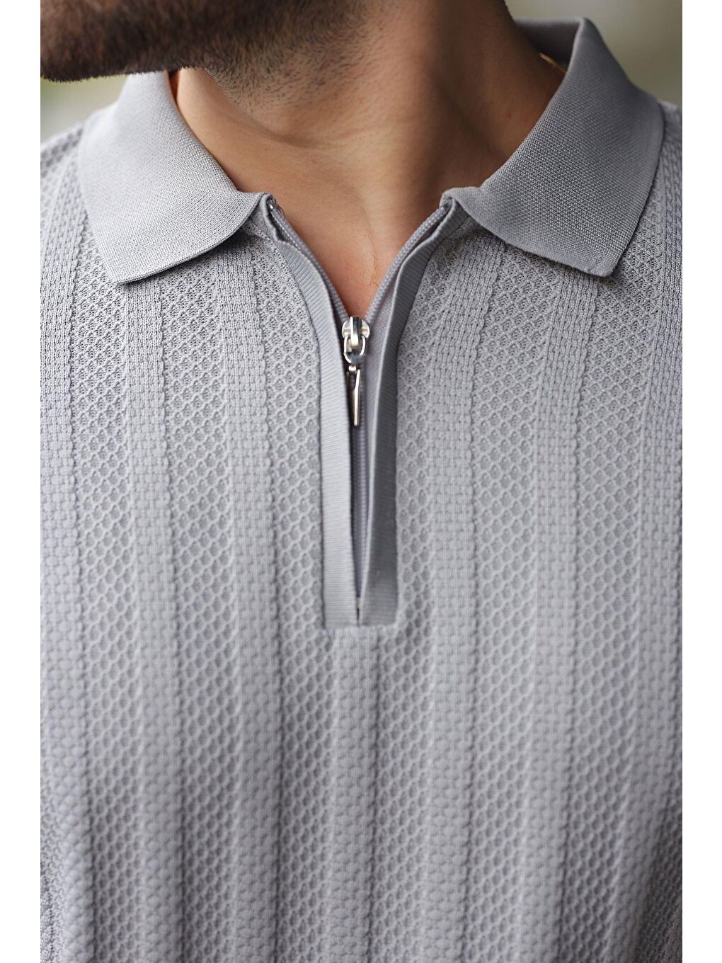 Gri Yarım Fermuarlı Polo Yaka Triko Kazak E7426-2