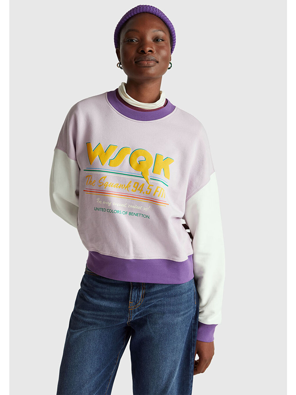 Kadın Beyaz  %100 Pamuk Renk Bloklu Stranger Things Baskılı Sweatshirt