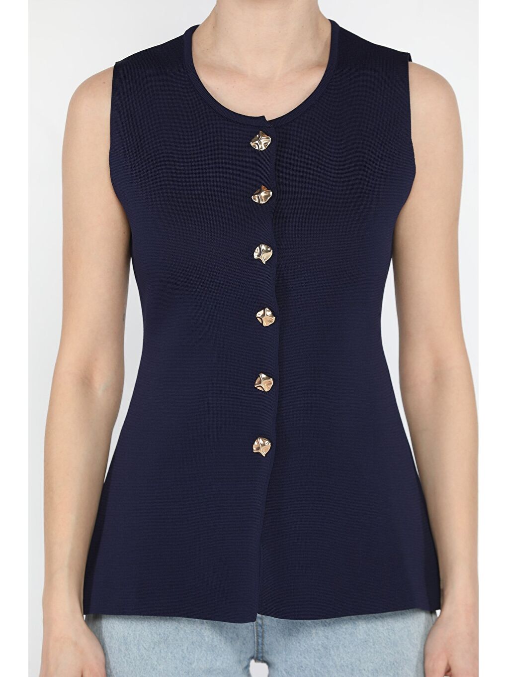 Lacivert Kadın Bisiklet Yaka Düğmeli Triko Yelek (s-m-l Beden Uyumludur)-3