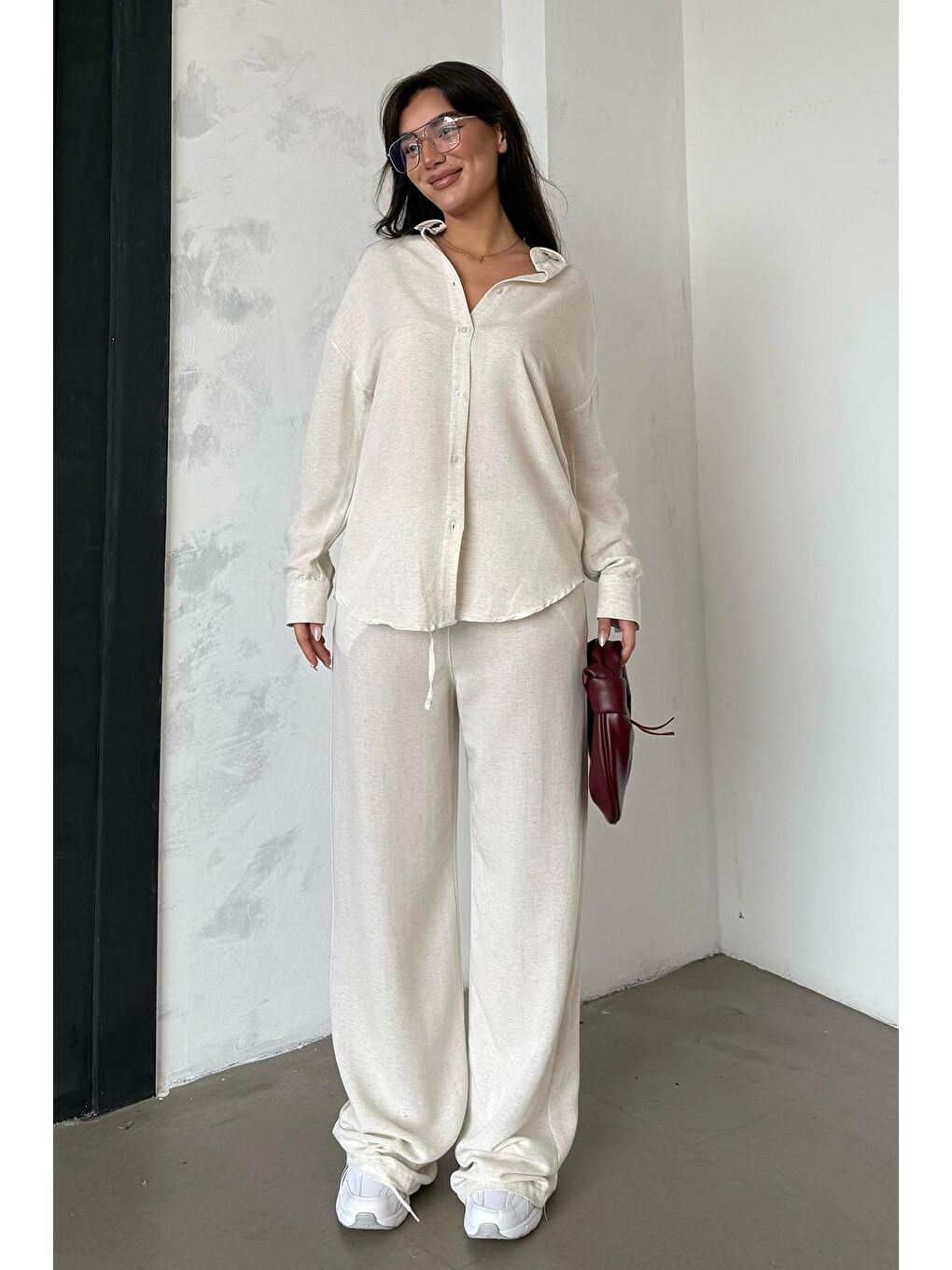 Beyaz Karmelanj Keten Kadın Gömlek Pantolon İkili Takım Mg2356-1