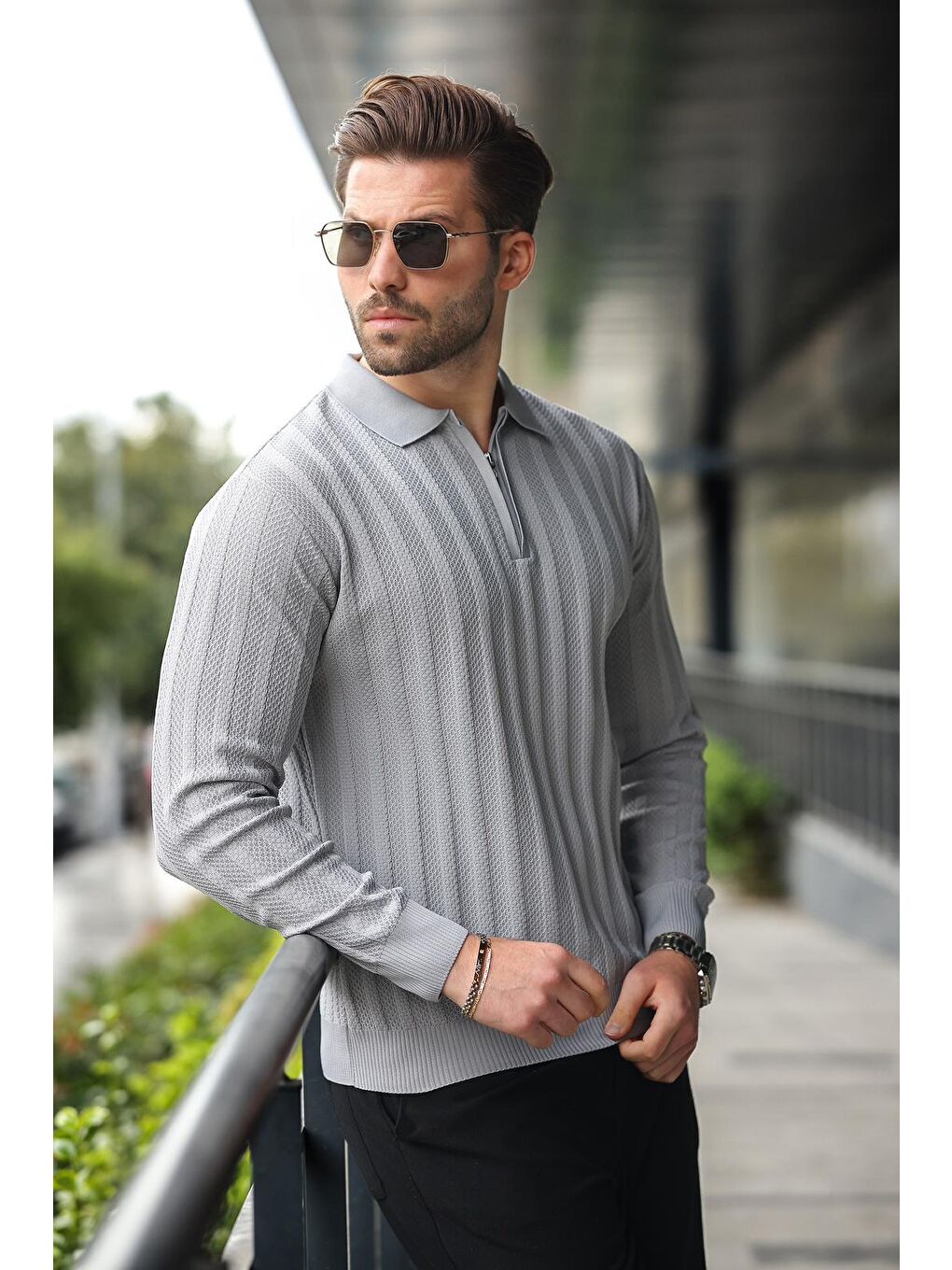 Gri Yarım Fermuarlı Polo Yaka Triko Kazak E7426-3