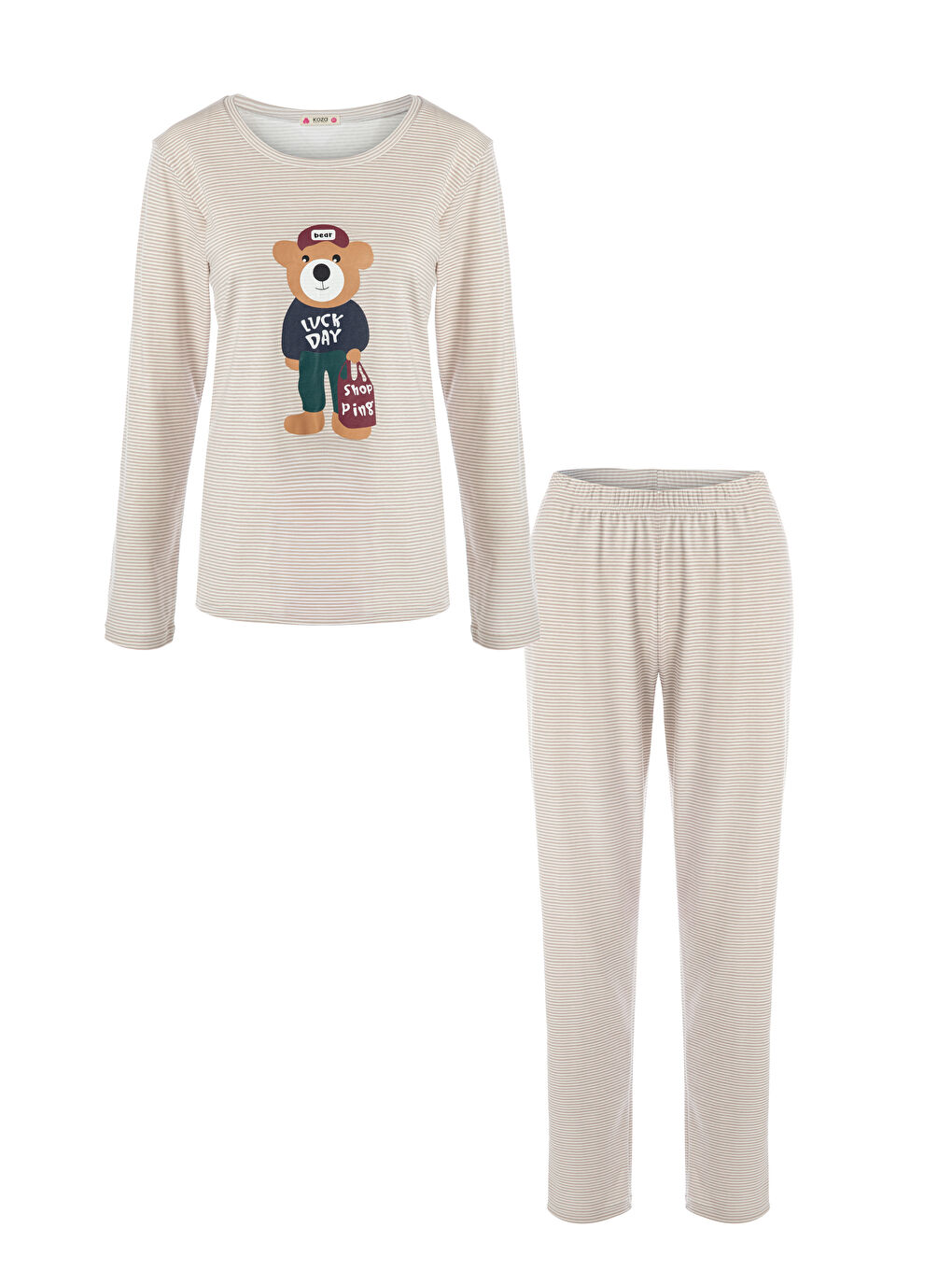 Kahverengi Kadın Uzun Kollu Baskı Detaylı Pijama Takımı