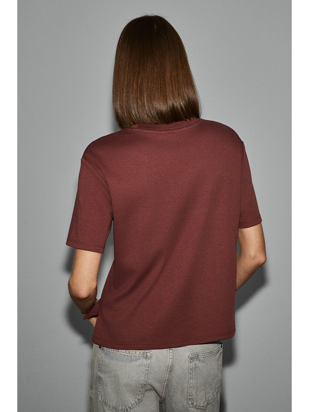 Kahverengi COLENA Kadın Organik Pamuklu Bisiklet Yaka Oversize Fit Kısa Kollu KİREMİT T-Shirt-4