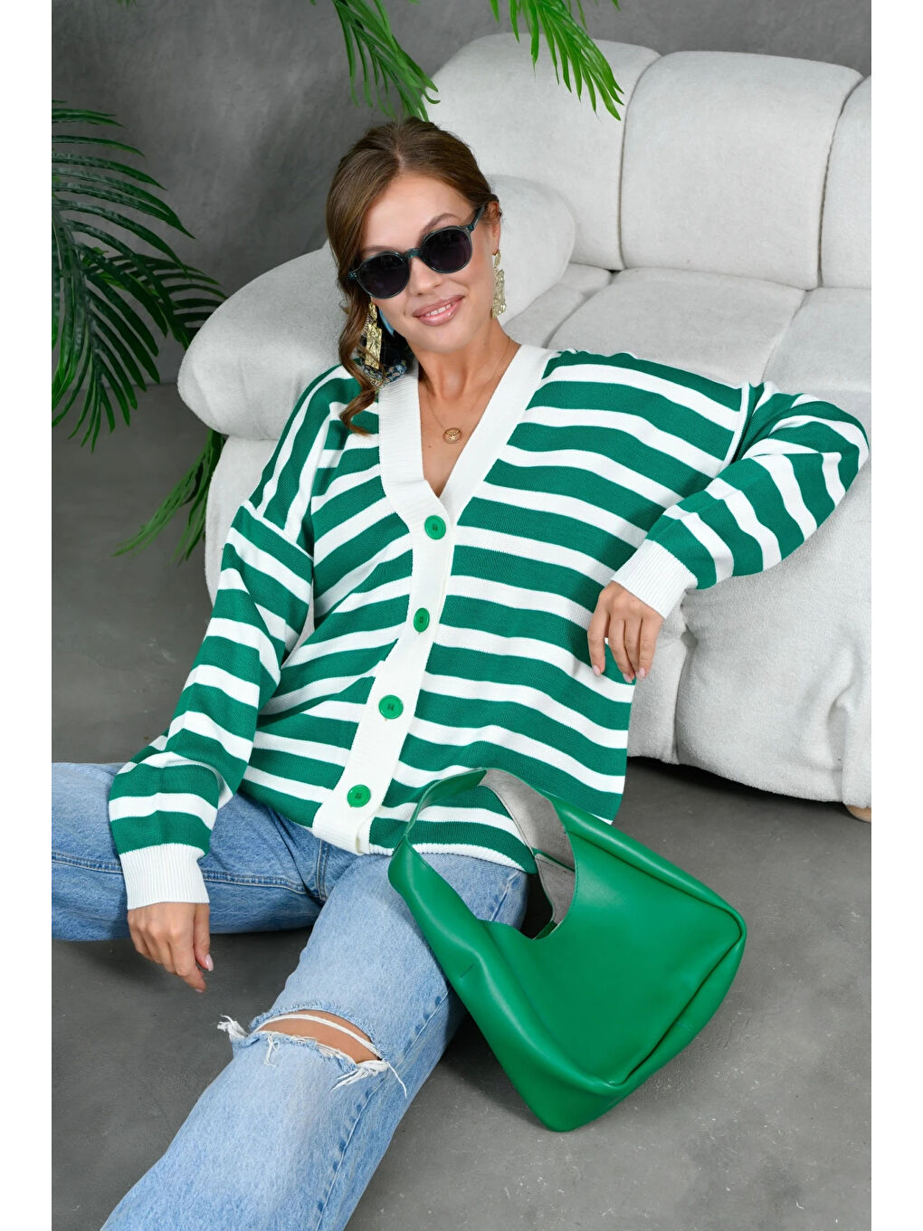 Yeşil Kadın Bilek Etek Ve Banları Fitilli Çizgi desenli Triko Hırka-4