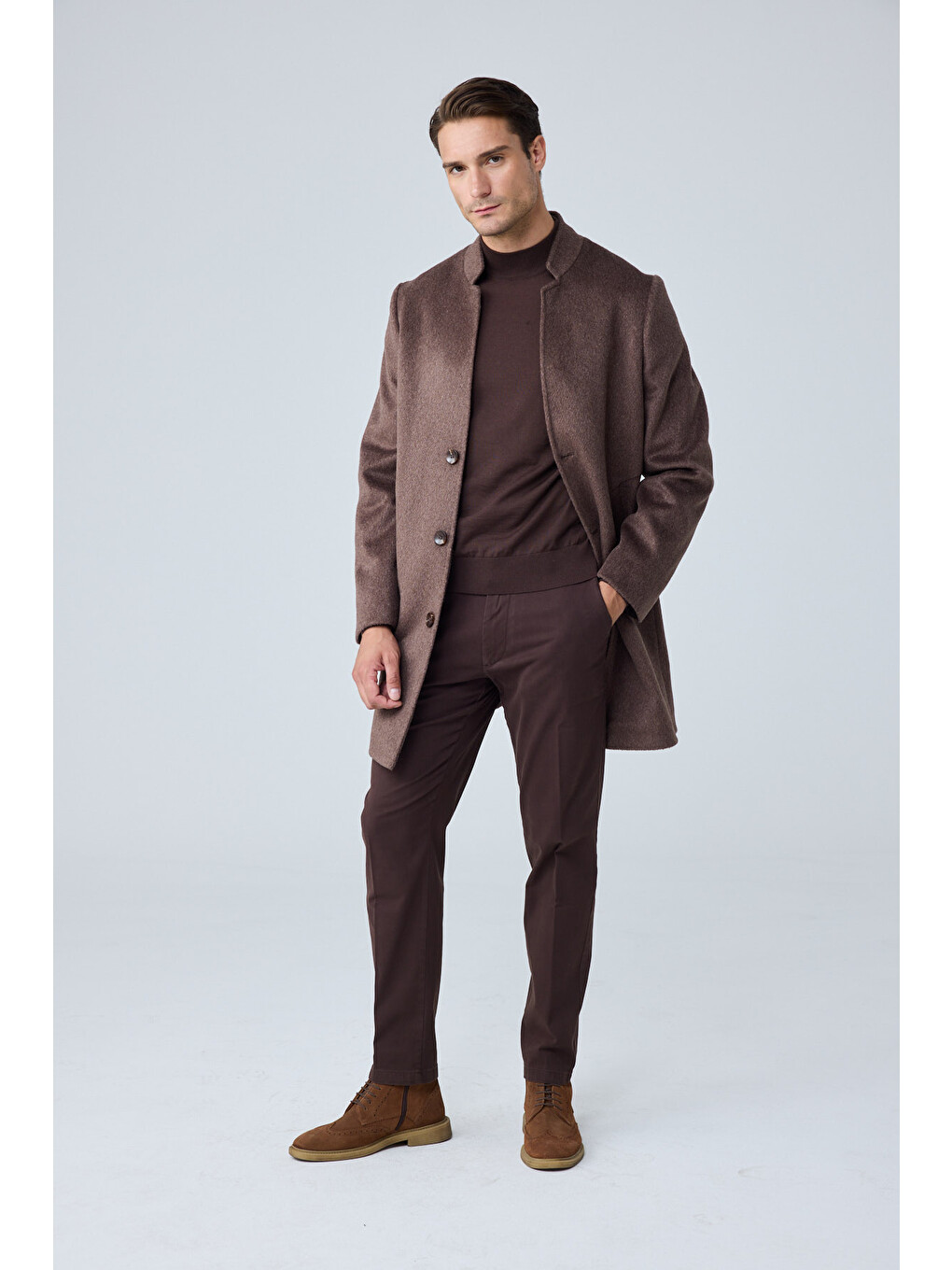 Erkek Relaxed-fit Premium Yün Kaşe Kaban Kahverengi 4351dngr-1
