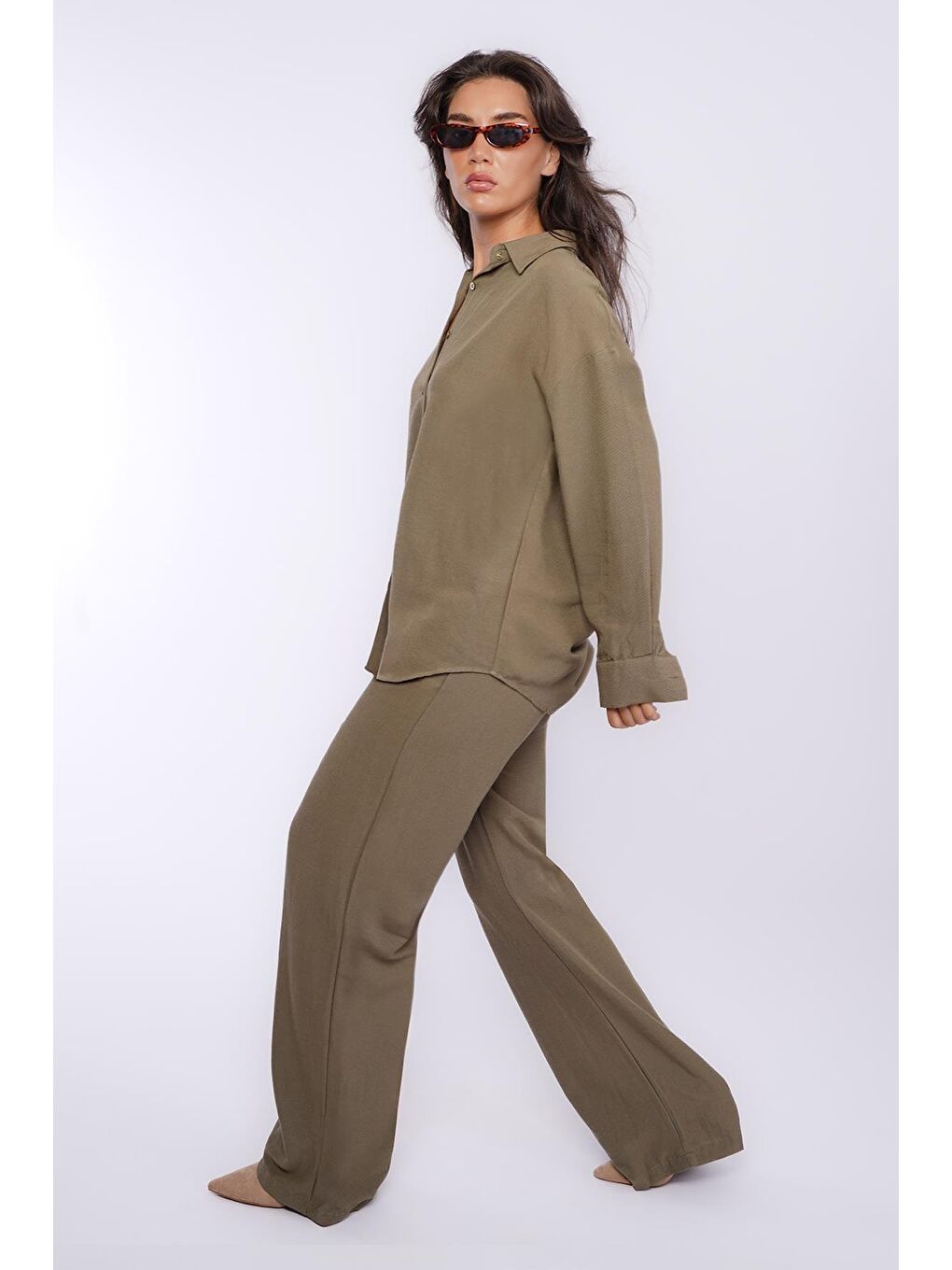 Haki Keten Kadın Gömlek Pantolon İkili Takım Mg2356-1