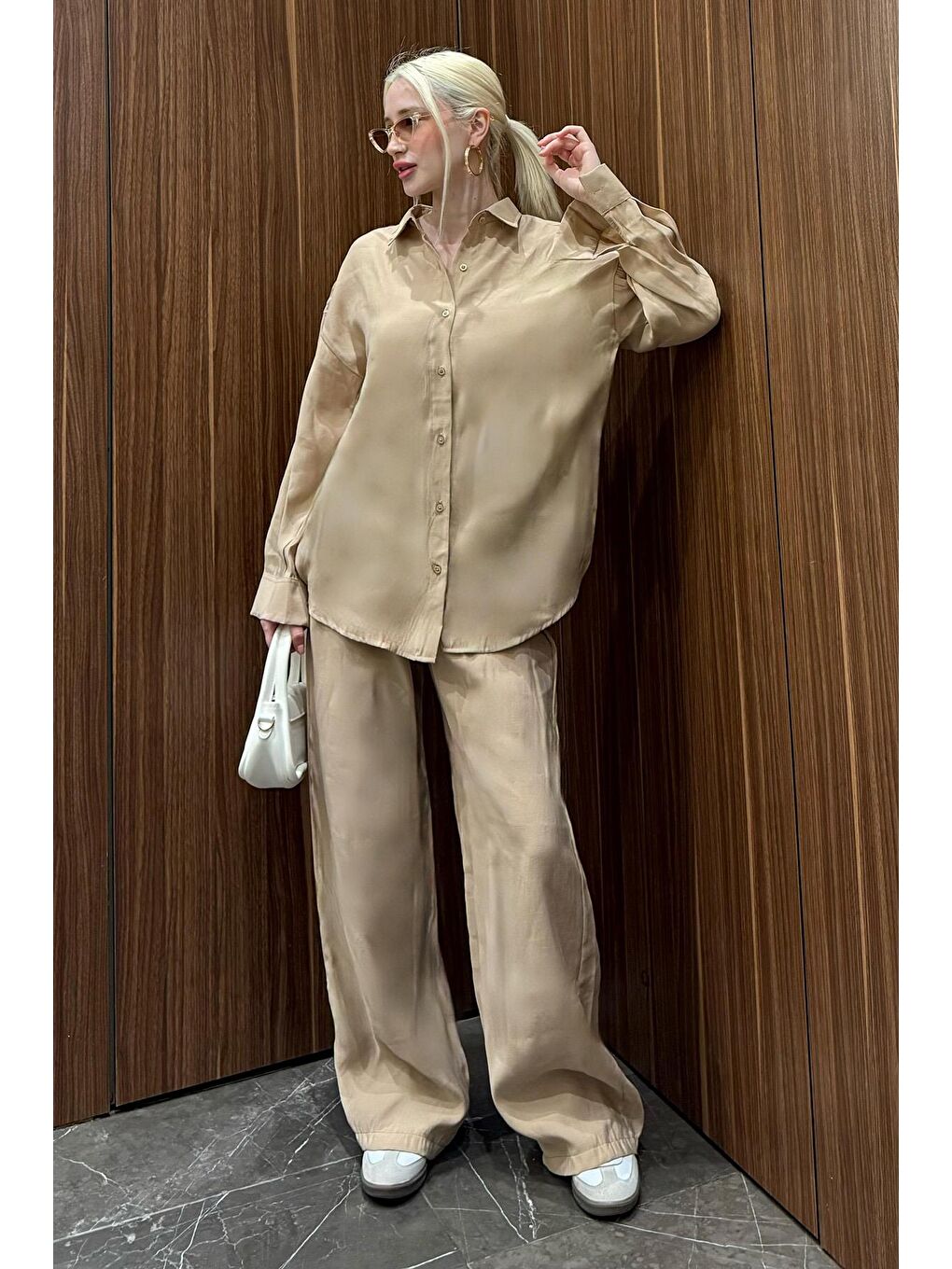 Bej Basic Kadın Gömlek Pantolon İkili Takım Mg2352