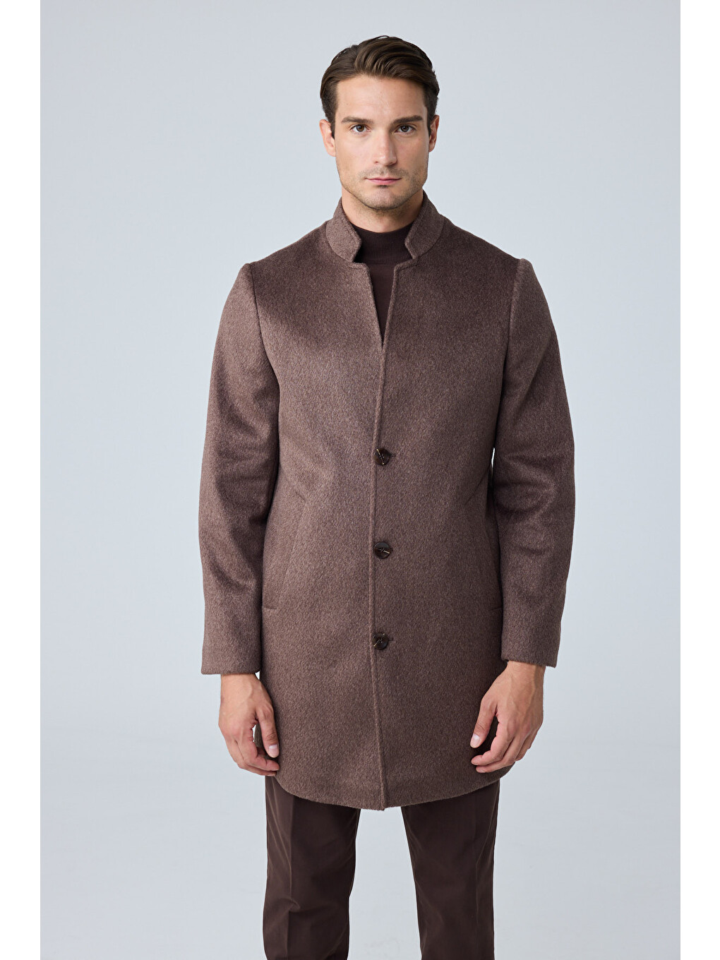 Erkek Relaxed-fit Premium Yün Kaşe Kaban Kahverengi 4351dngr-2