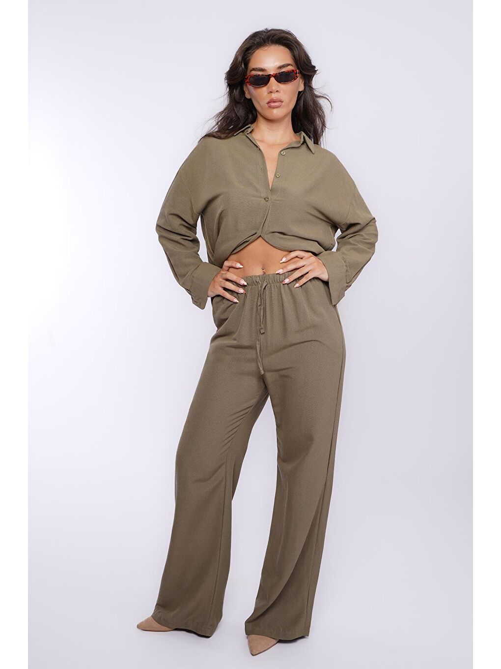 Haki Keten Kadın Gömlek Pantolon İkili Takım Mg2356-2