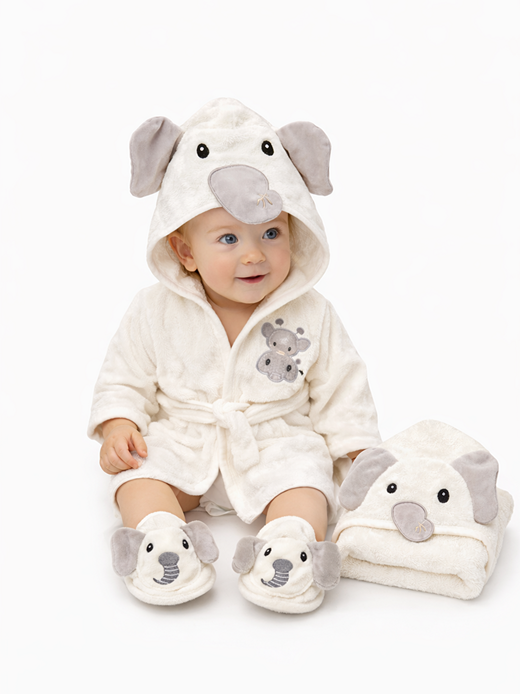 Ekru Erkek Bebek Fil Fiğürlü 4 Parça Havlu Bornoz Seti Terlik Yıkama Eldiveni Dahil Kutulu Lüx Set