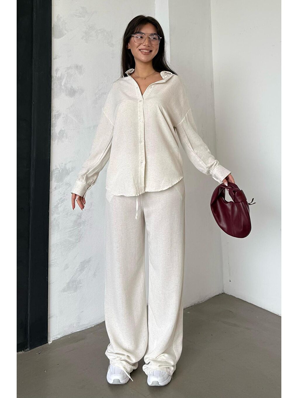 Beyaz Karmelanj Keten Kadın Gömlek Pantolon İkili Takım Mg2356-2