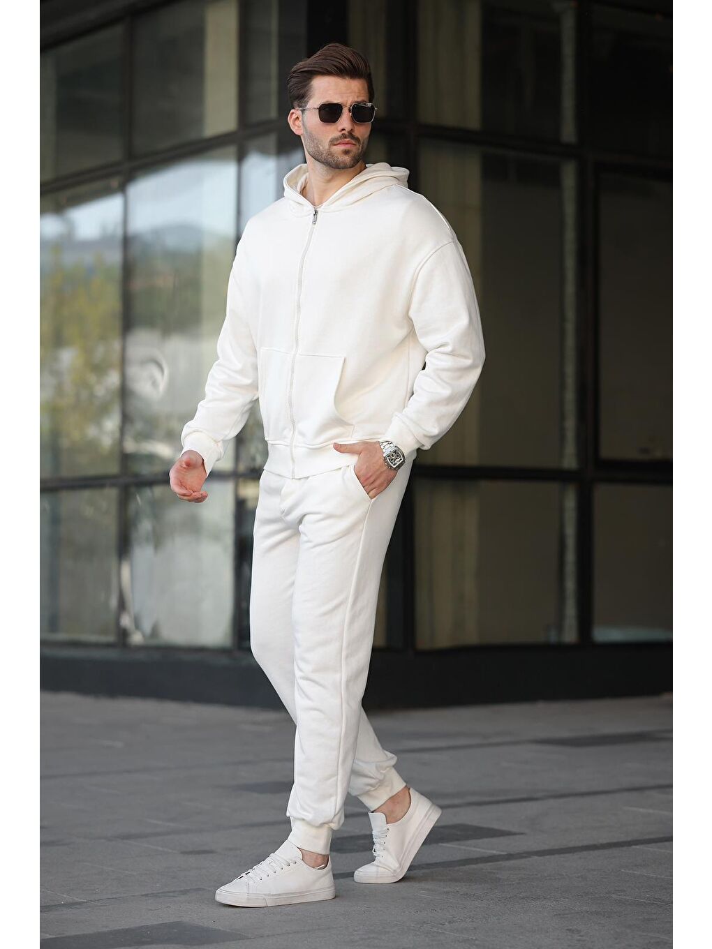 Beyaz Kapüşonlu Fermuarlı Basic Erkek Eşofman Takımı E7331-2