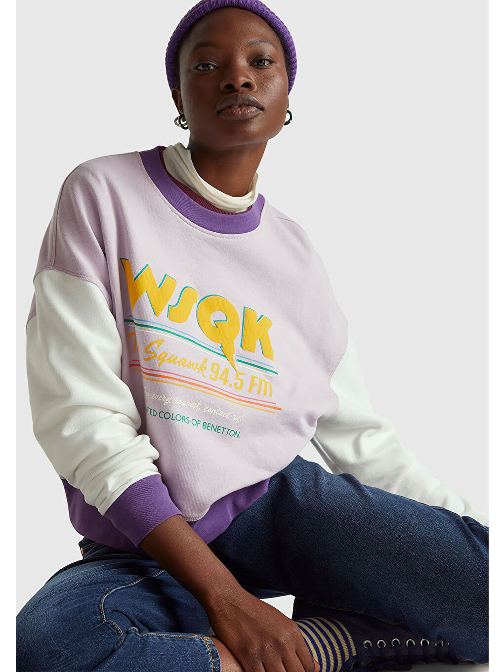 Kadın Beyaz  %100 Pamuk Renk Bloklu Stranger Things Baskılı Sweatshirt-5